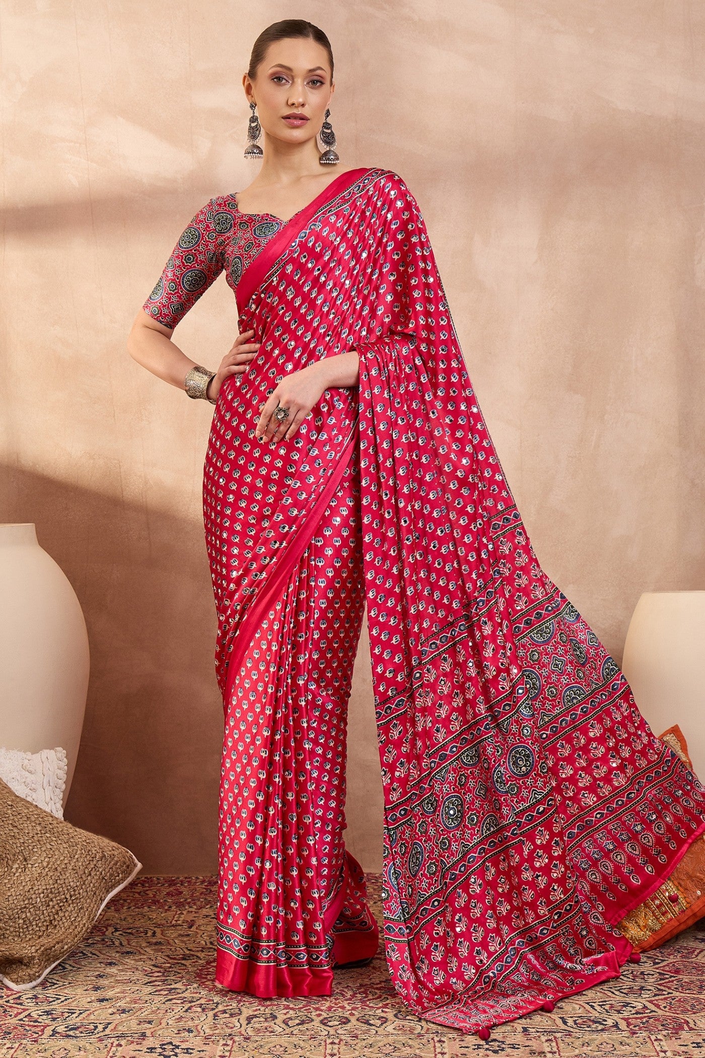Buy MySilkLove Barn Red Modal Ajrakh Satin Printed Silk Saree Online