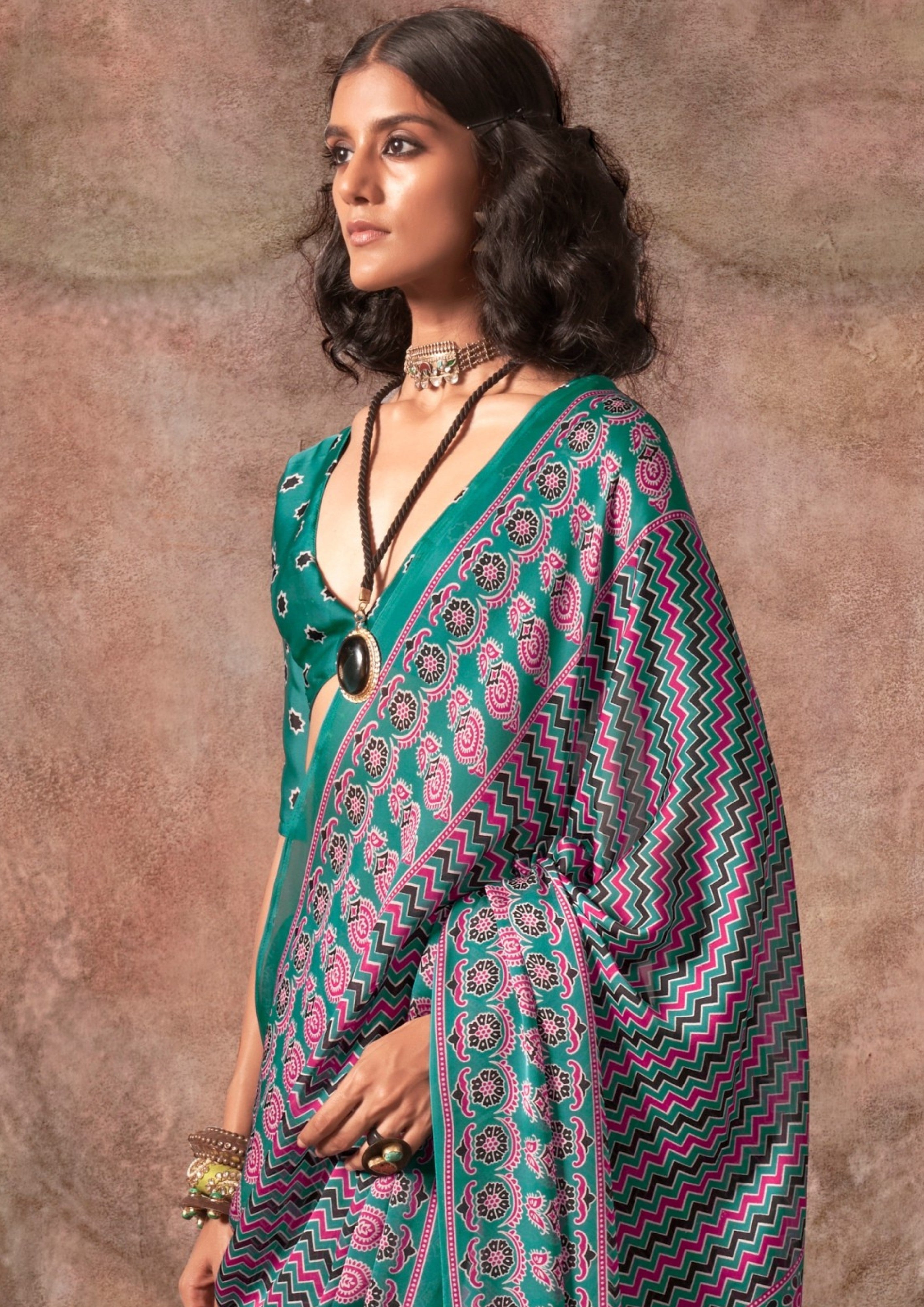 Buy MySilkLove Arsenic Grey and Green Ajrakh Printed Satin Georgette Silk Saree Online
