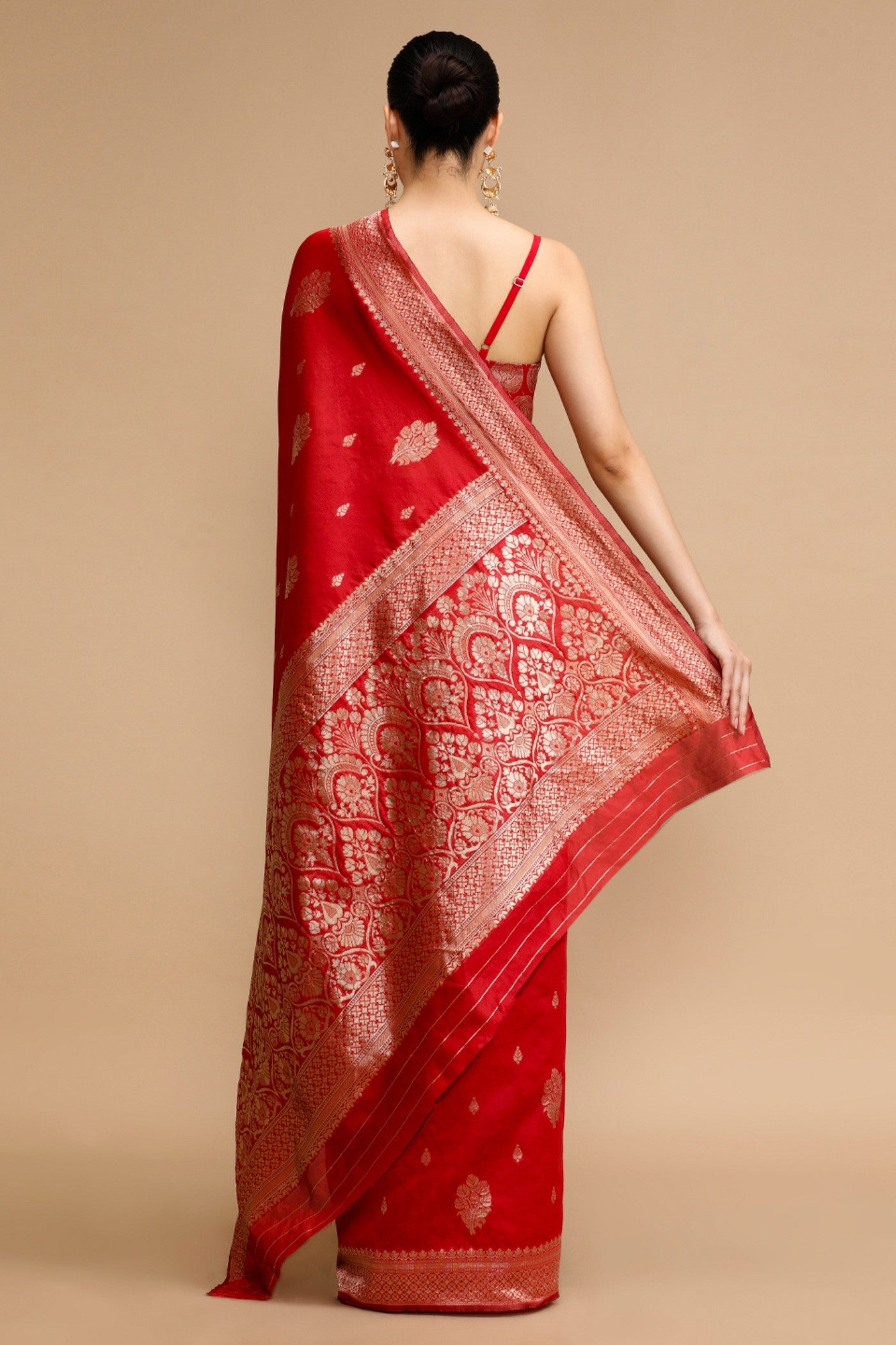 Buy MySilkLove Coral Red Woven Jacquard Lichi Silk Saree Online