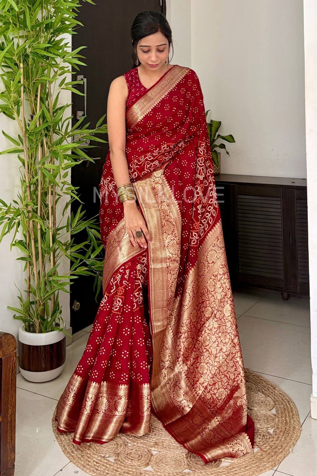 Buy MySilkLove Rust Red Bandhani Zari Woven Work Saree Online