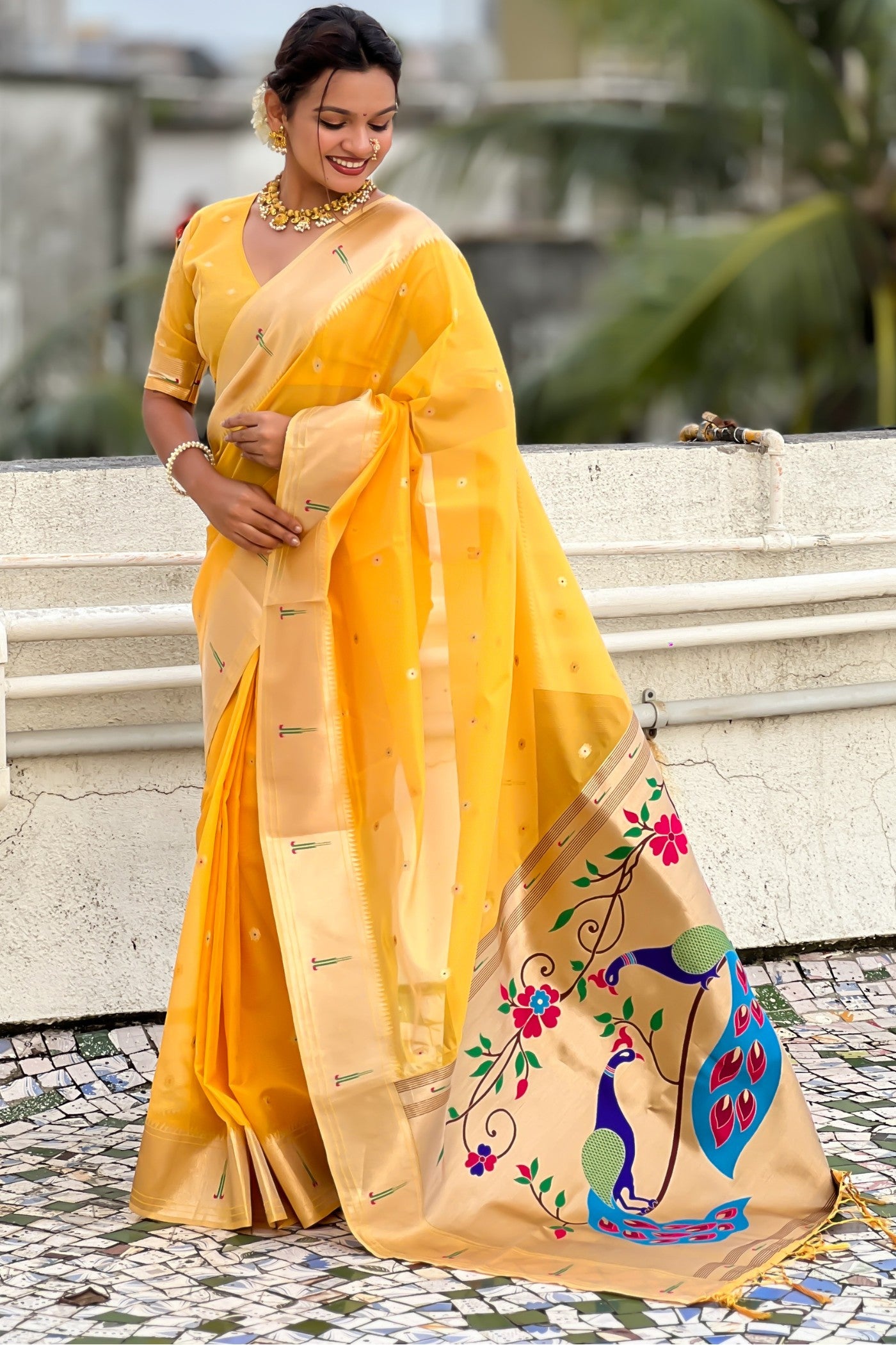 Buy MySilkLove Amber Yellow Organza Woven Paithani Saree Online