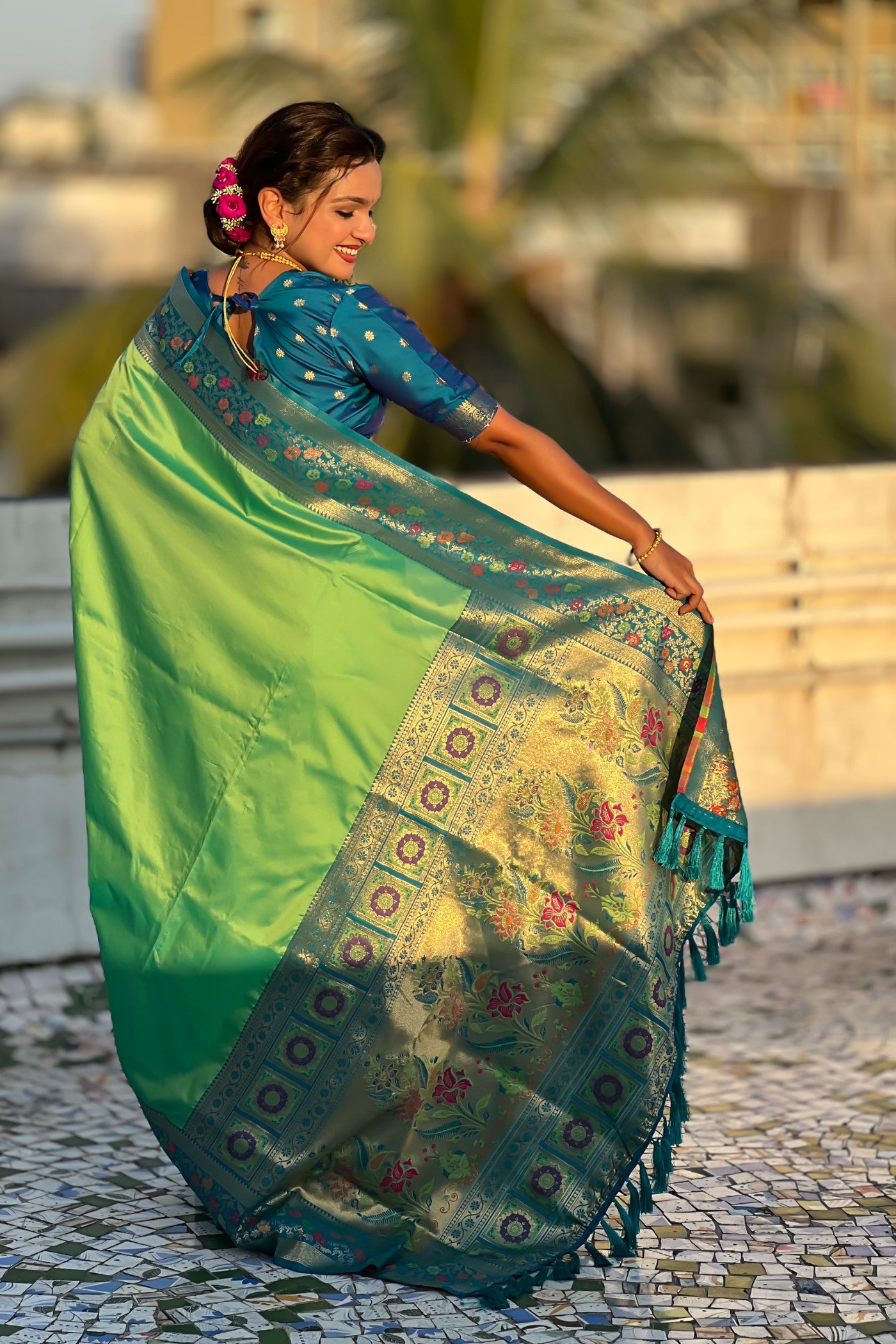 Buy MySilkLove Conifer Green and Blue Zari Woven Paithani Saree Online