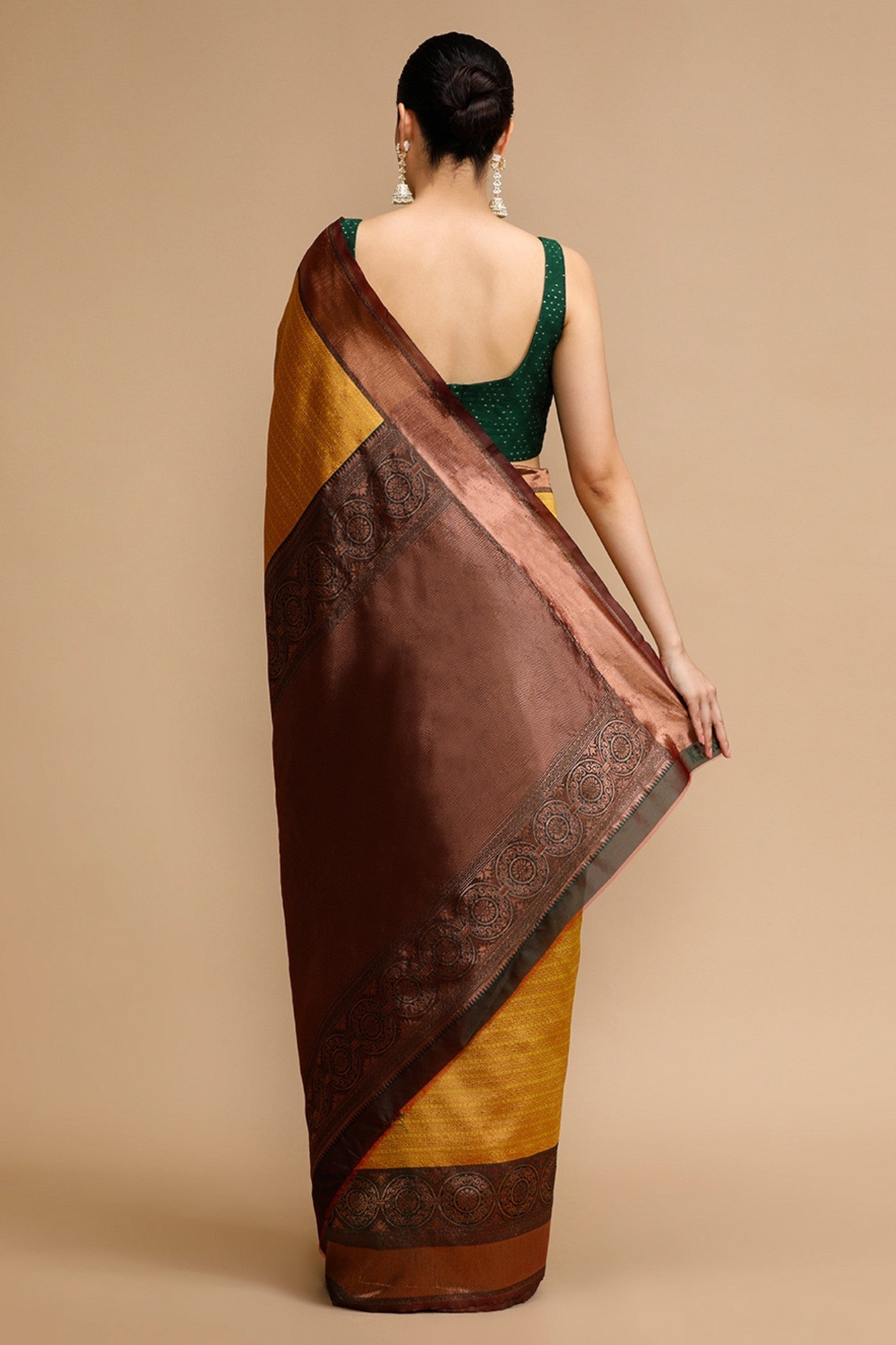 Buy MySilkLove Saffron Yellow and Green Woven Jacquard Lichi Silk Saree Online