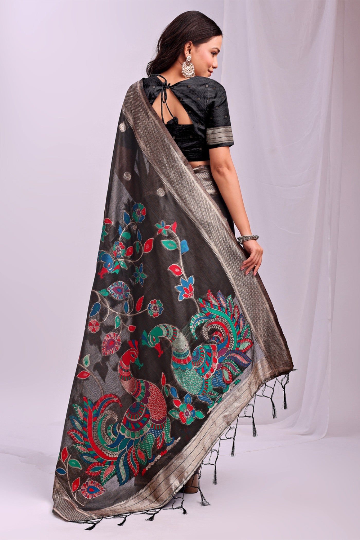 Buy MySilkLove Stone Black Woven Linen Cotton Saree Online