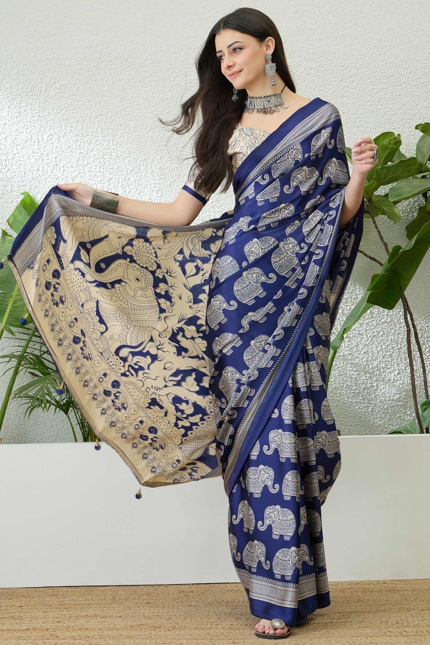 Buy MySilkLove Baby Blue Ajrakh Printed Satin Crepe Silk Saree Online