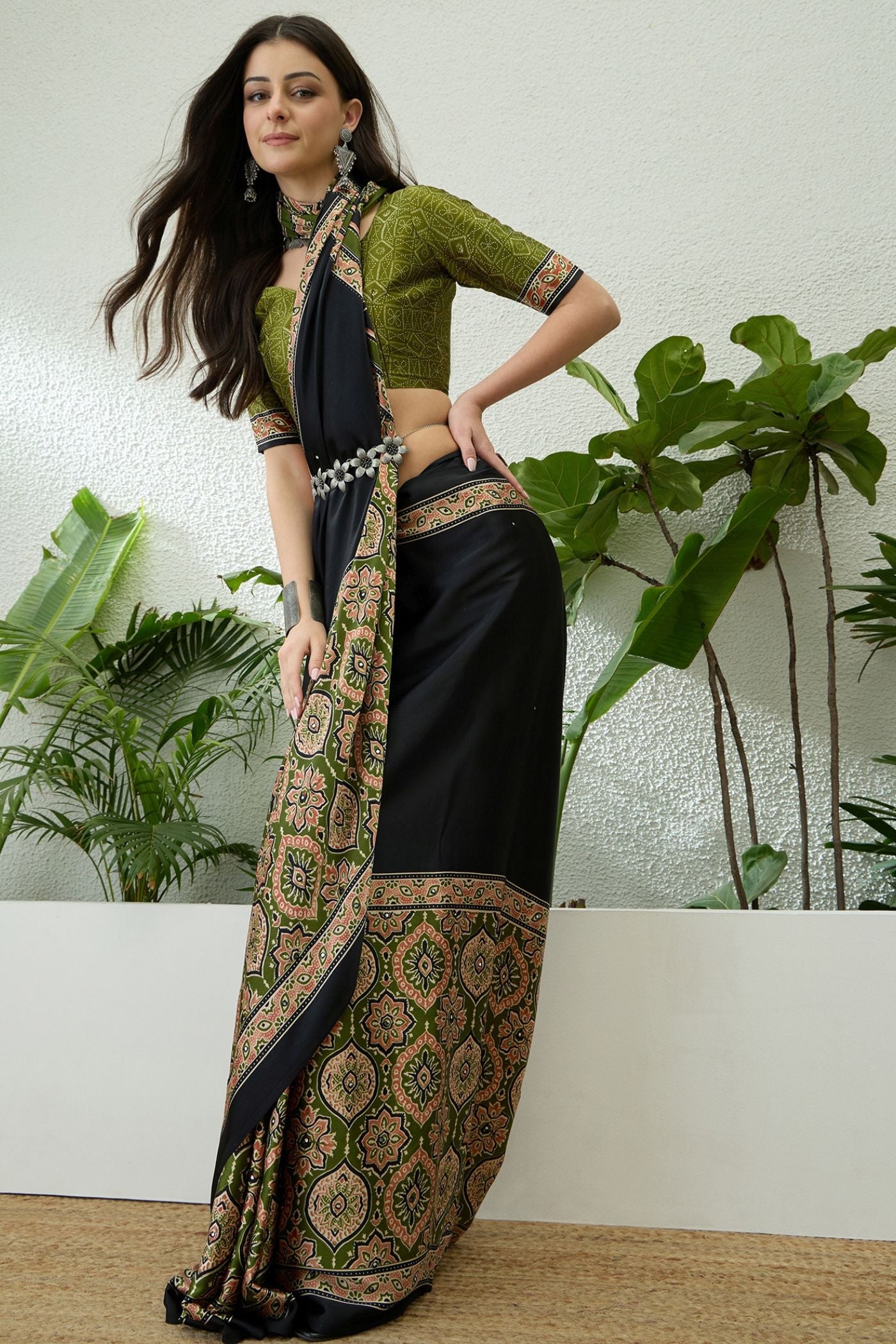 Buy MySilkLove Enigma Black and Green Modal Ajrakh Satin Printed Silk Saree Online