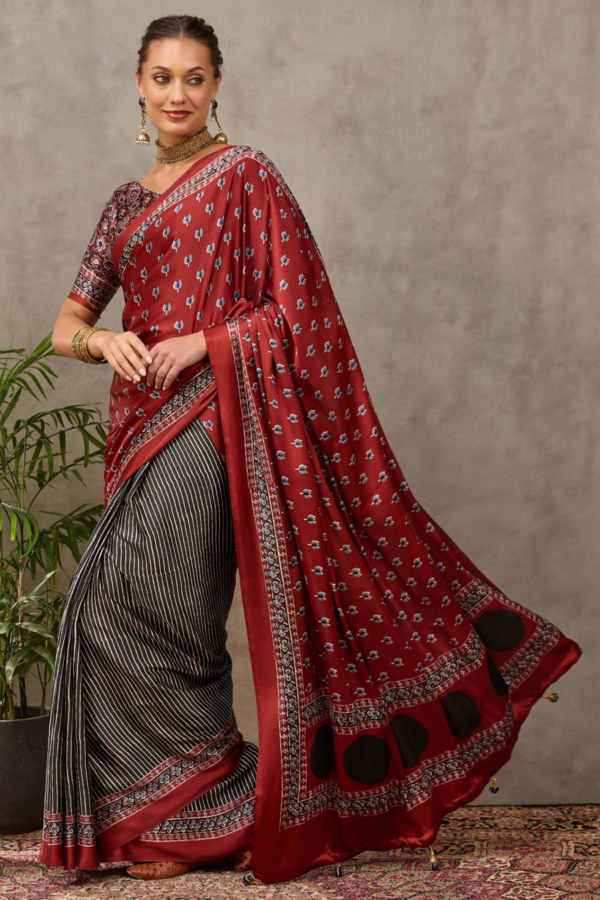 Buy MySilkLove Deep Maroon and Grey Modal Satin Printed Silk Saree Online