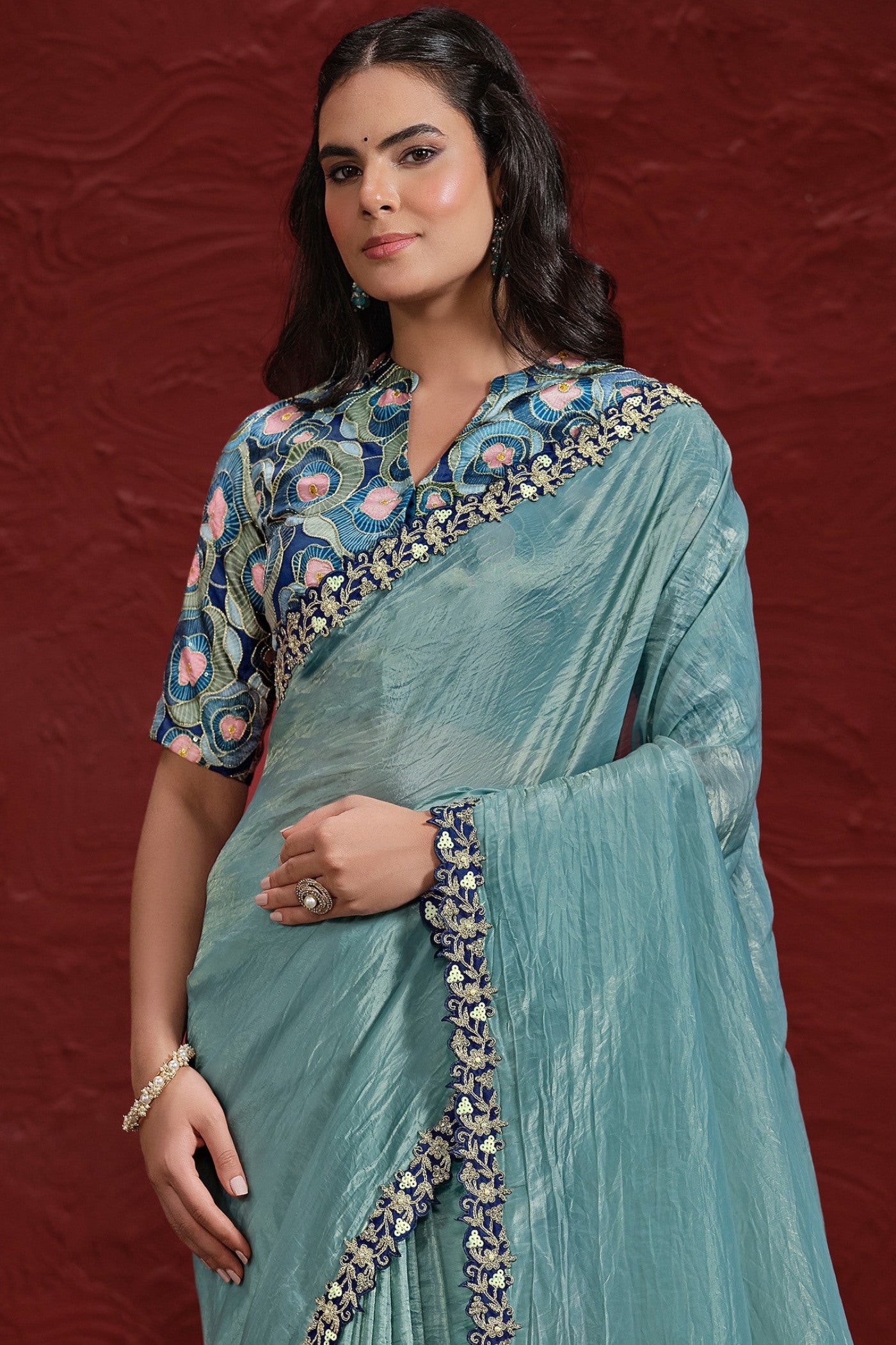 Buy MySilkLove Cornflower Blue Paper Silk Saree with Stitched Blouse Online