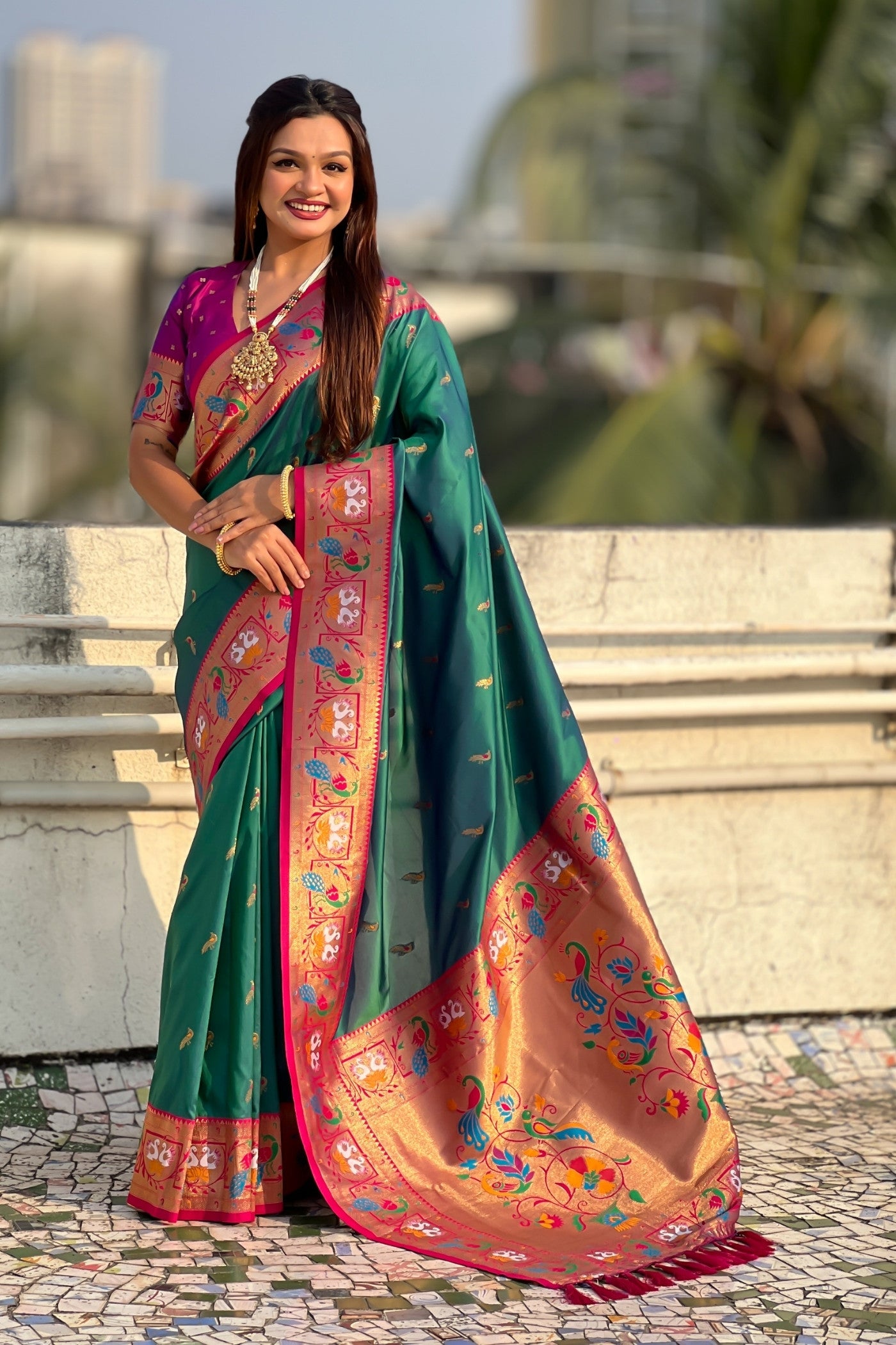 Buy MySilkLove Forest Green Zari Woven Paithani Saree Online