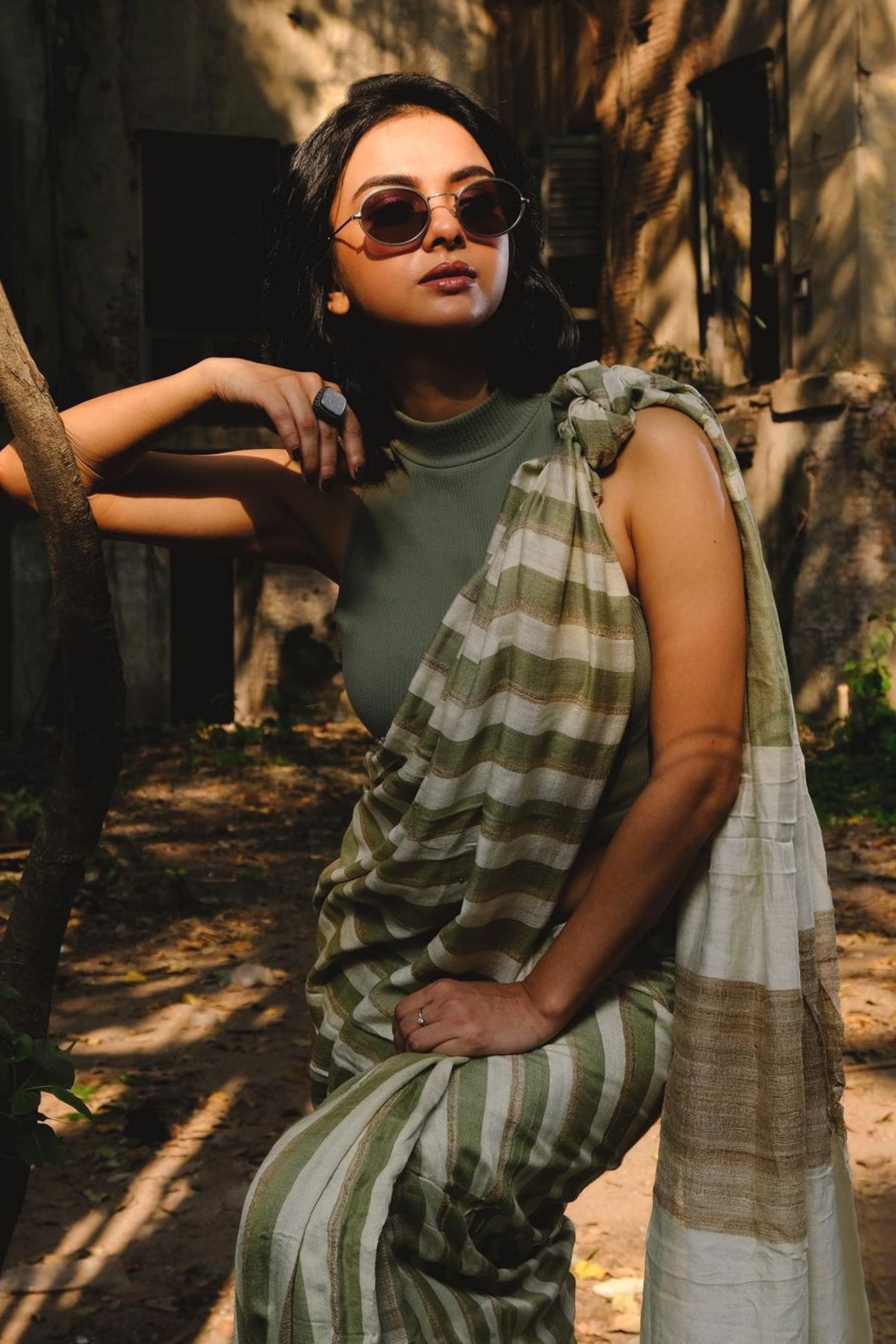 Buy MySilkLove Clay Creek Green Cotton Stripes Saree Online