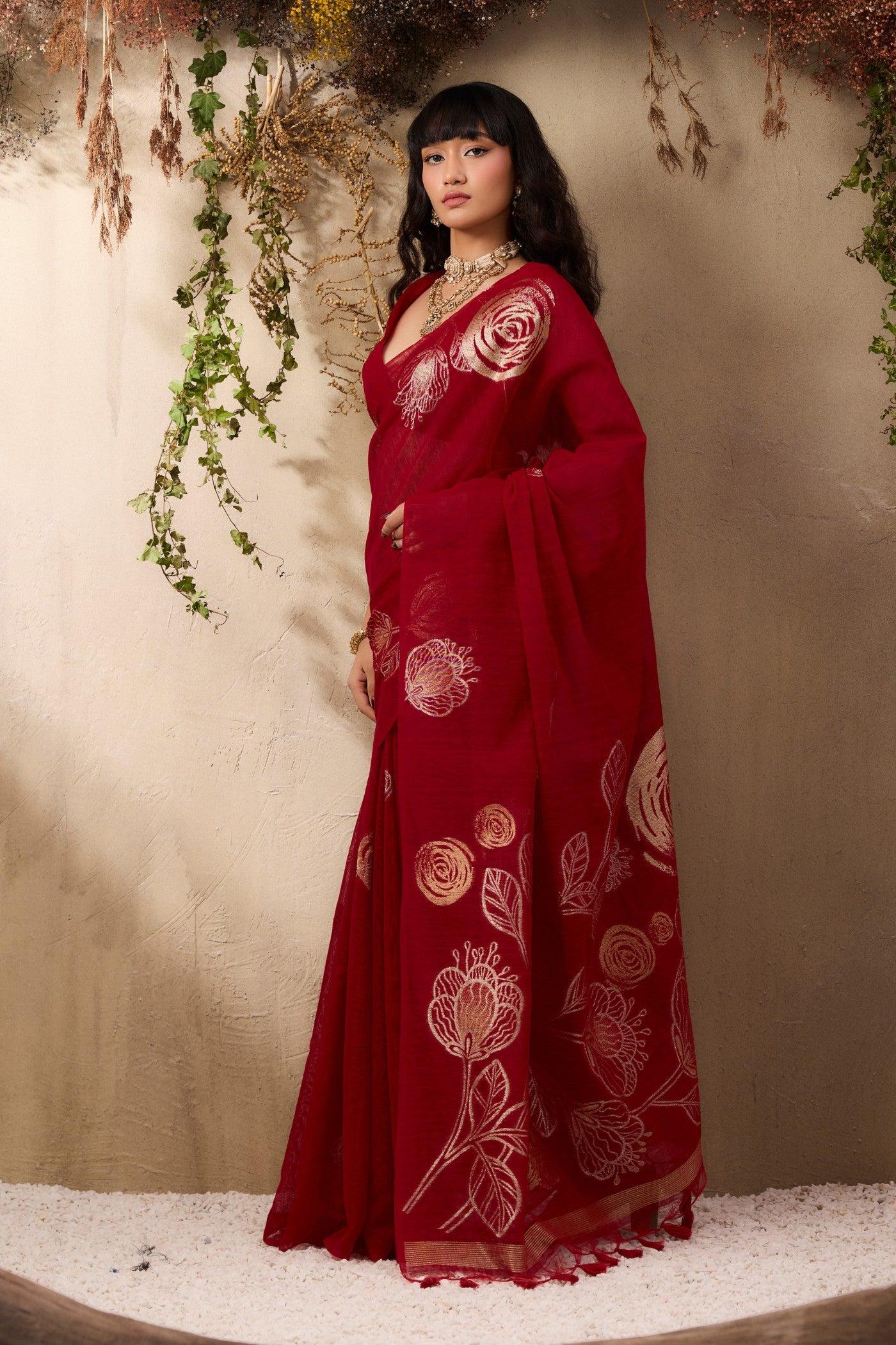 Buy MySilkLove Fire Rose Red Munga Handloom Cotton Saree Online