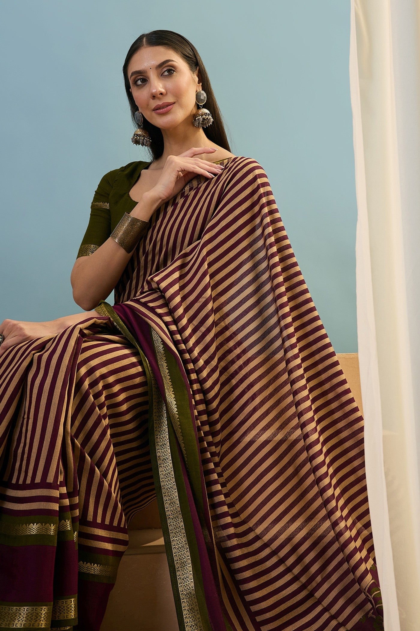 MySilkLove Olive Green Woven Cotton Saree