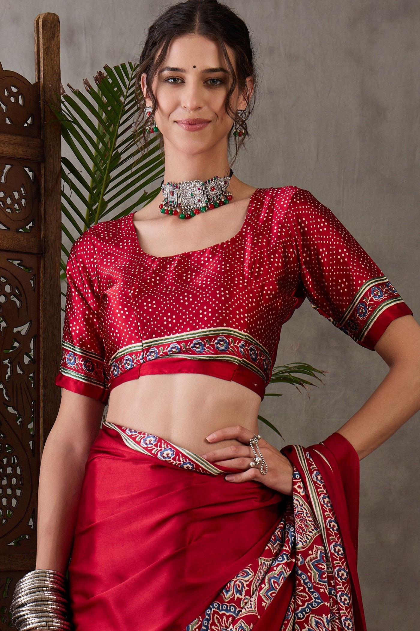 Buy MySilkLove Mocca Maroon Printed Satin Gaji Silk Saree Online