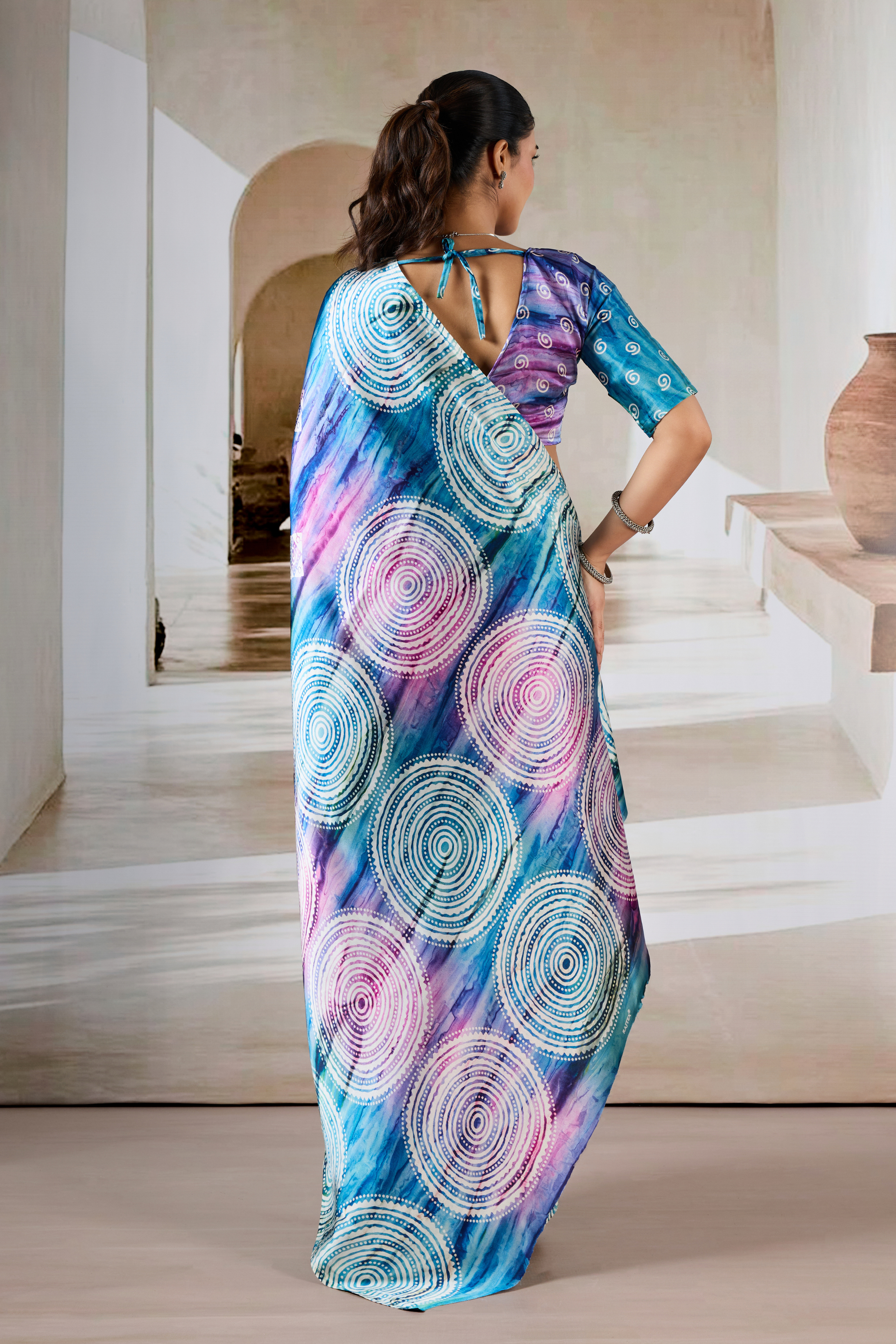 Buy MySilkLove Periwinkle Blue Modal Satin Hand Prism Print Saree Online