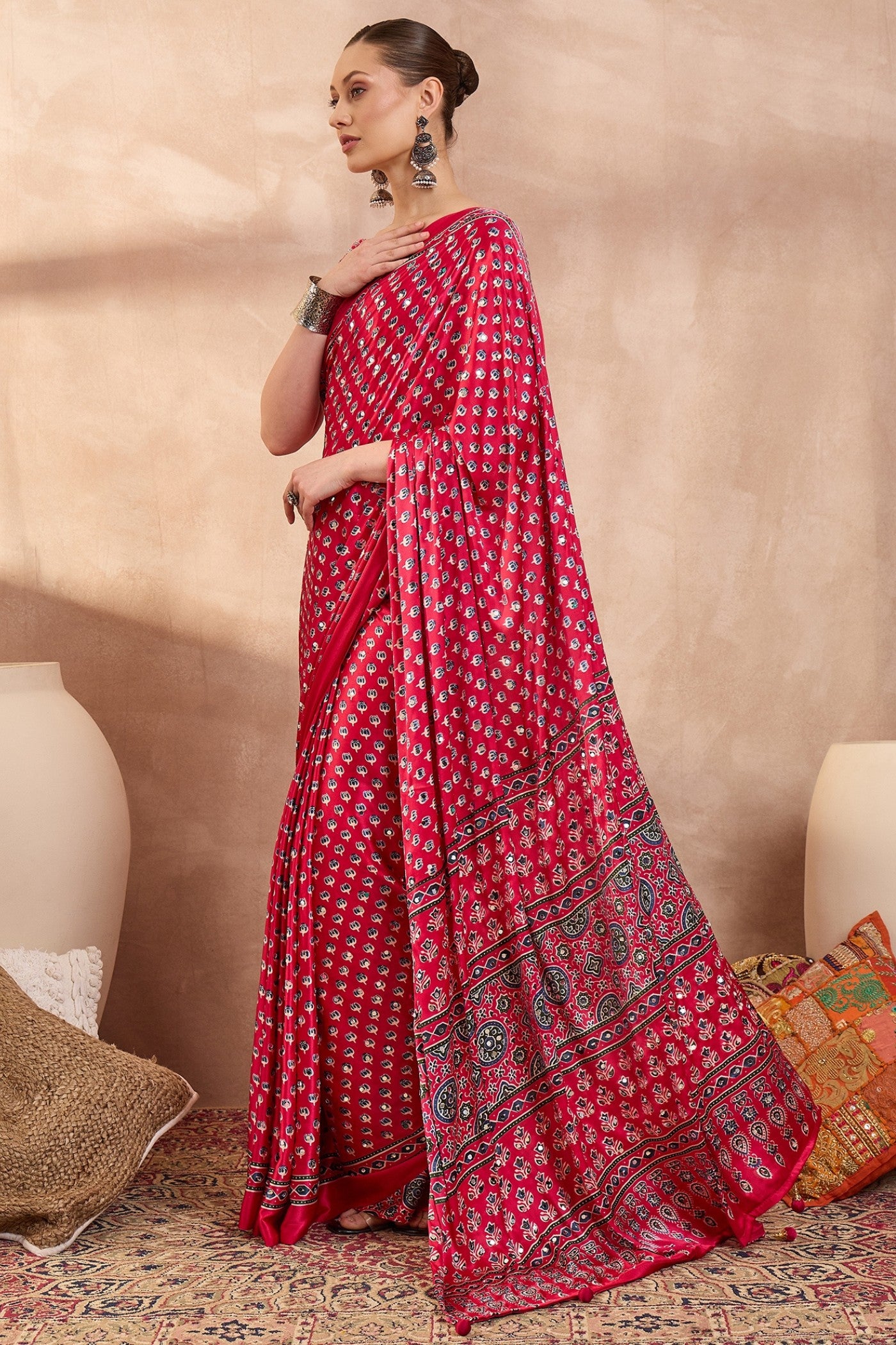 Buy MySilkLove Barn Red Modal Ajrakh Satin Printed Silk Saree Online