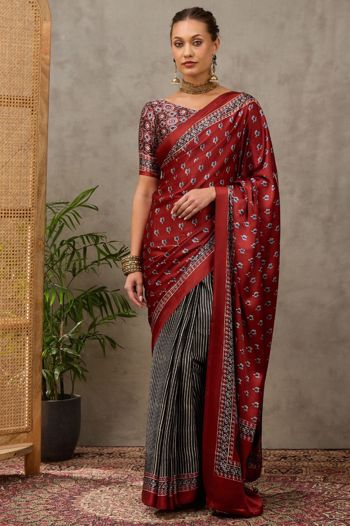 Buy MySilkLove Deep Maroon and Grey Modal Satin Printed Silk Saree Online
