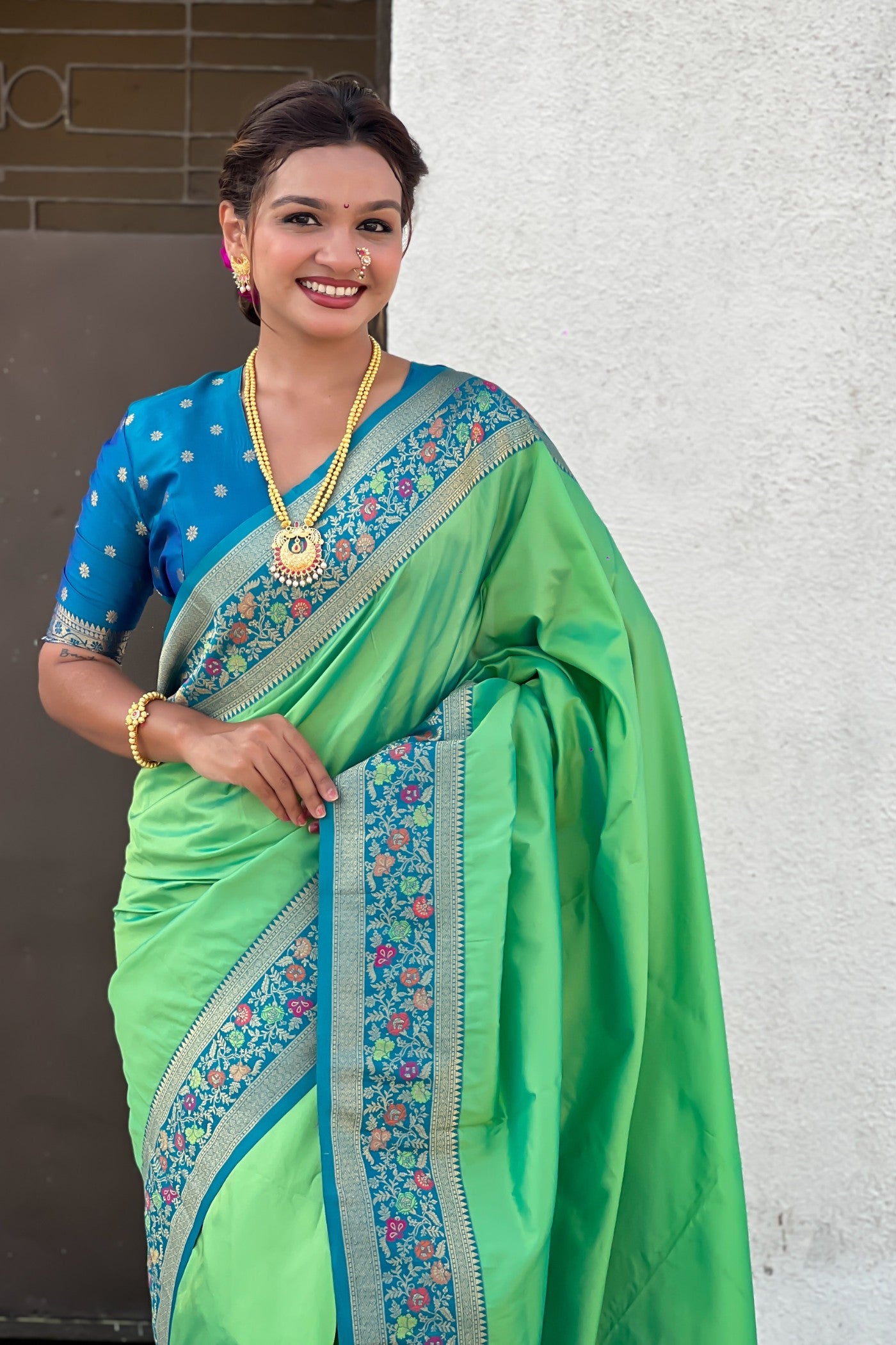 Buy MySilkLove Conifer Green and Blue Zari Woven Paithani Saree Online
