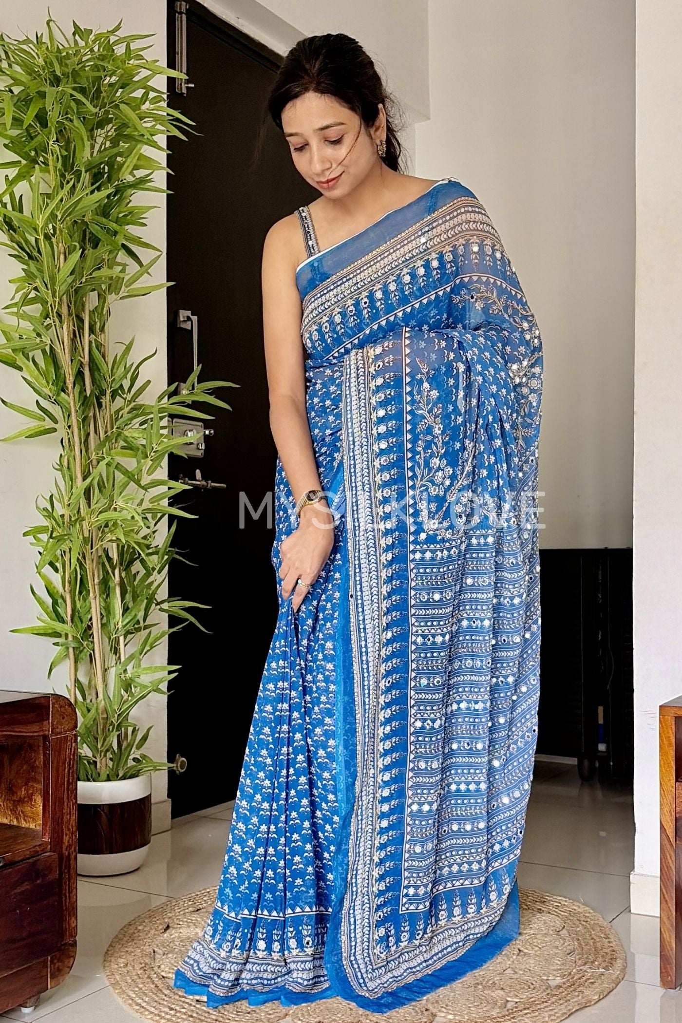 Buy MySilkLove Light Blue Ajrakh Georgette Mirror Work Saree Without Blouse Online