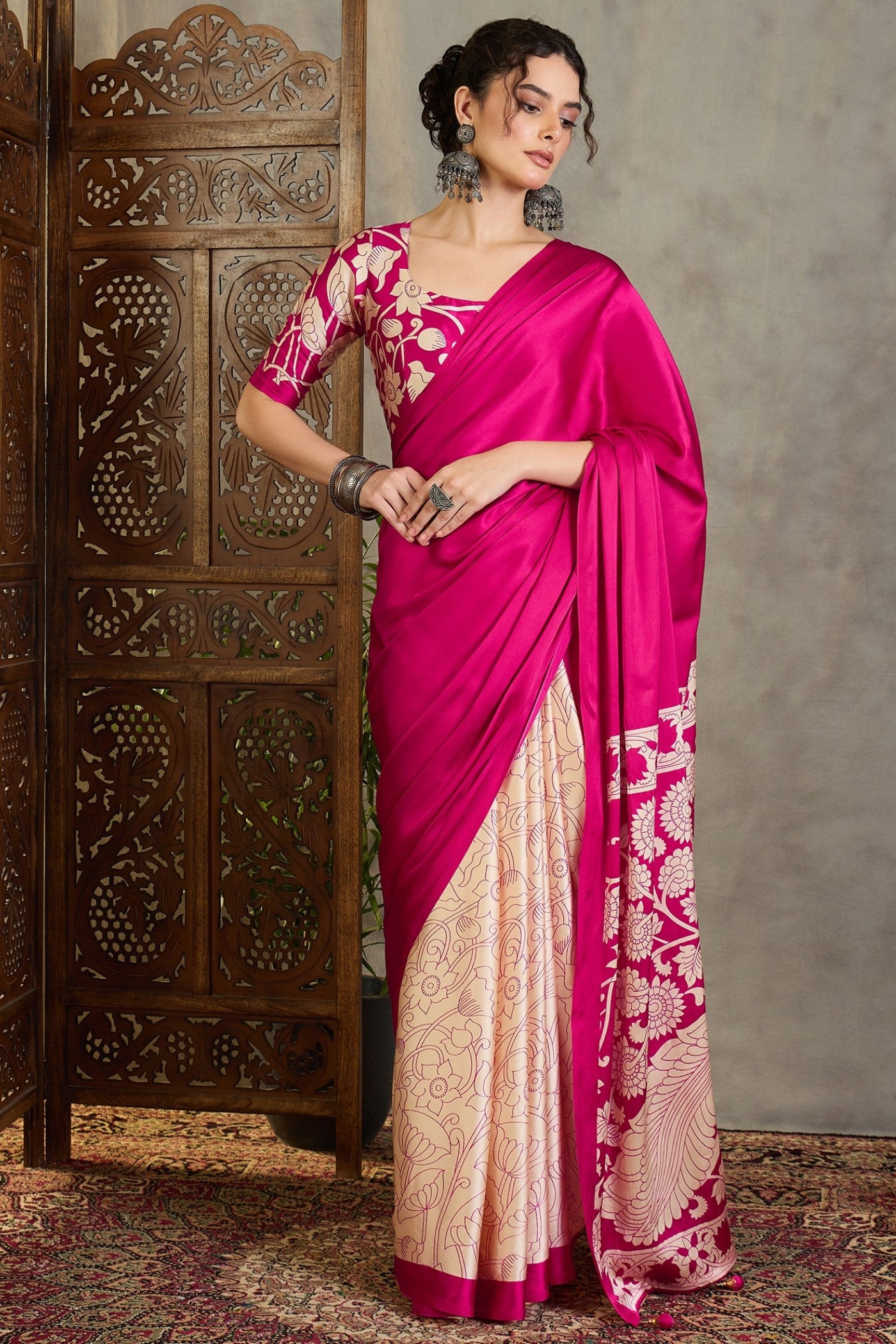 Buy MySilkLove Paradise Pink Kalamkari Printed Satin Silk Saree Online