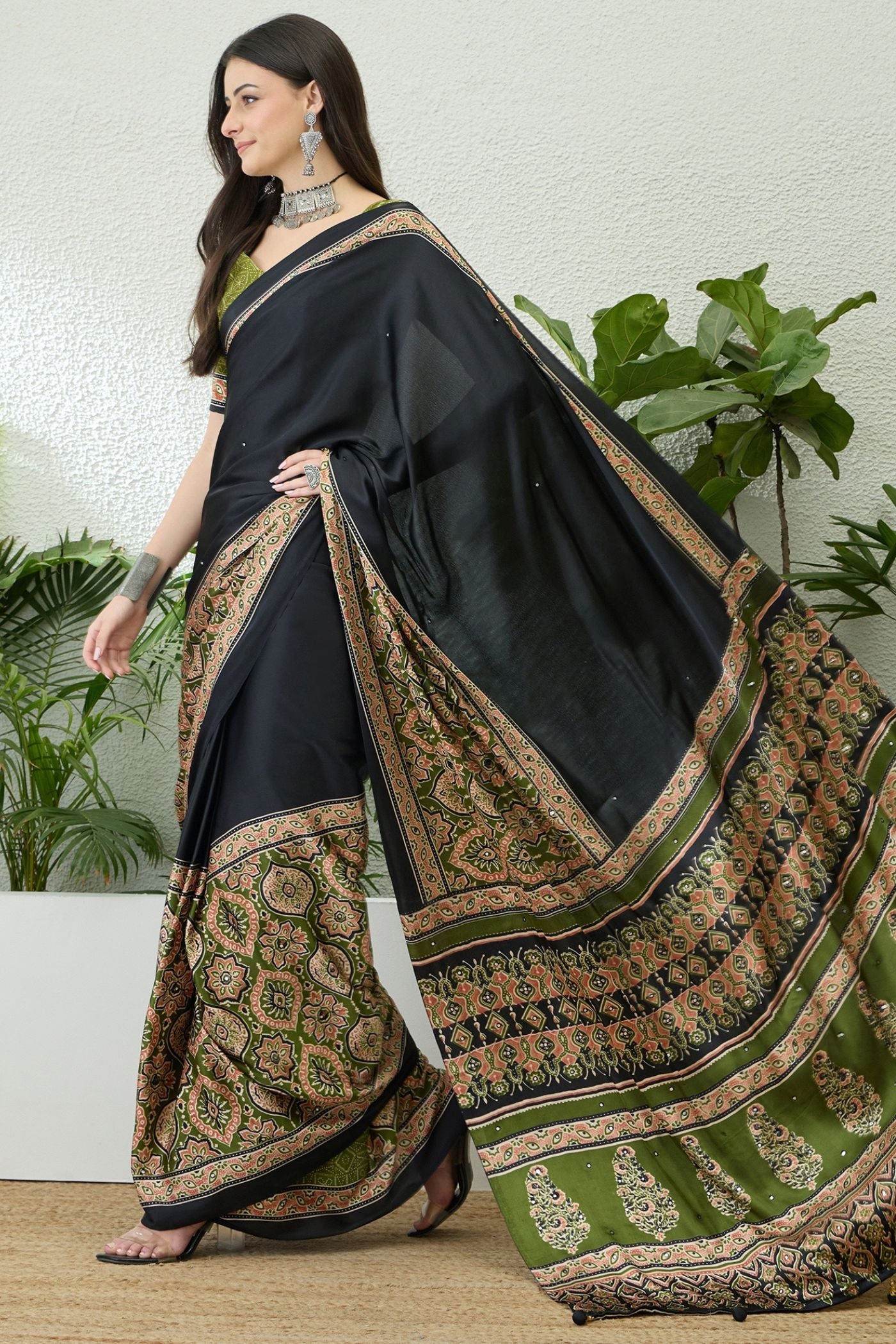 Buy MySilkLove Enigma Black and Green Modal Ajrakh Satin Printed Silk Saree Online