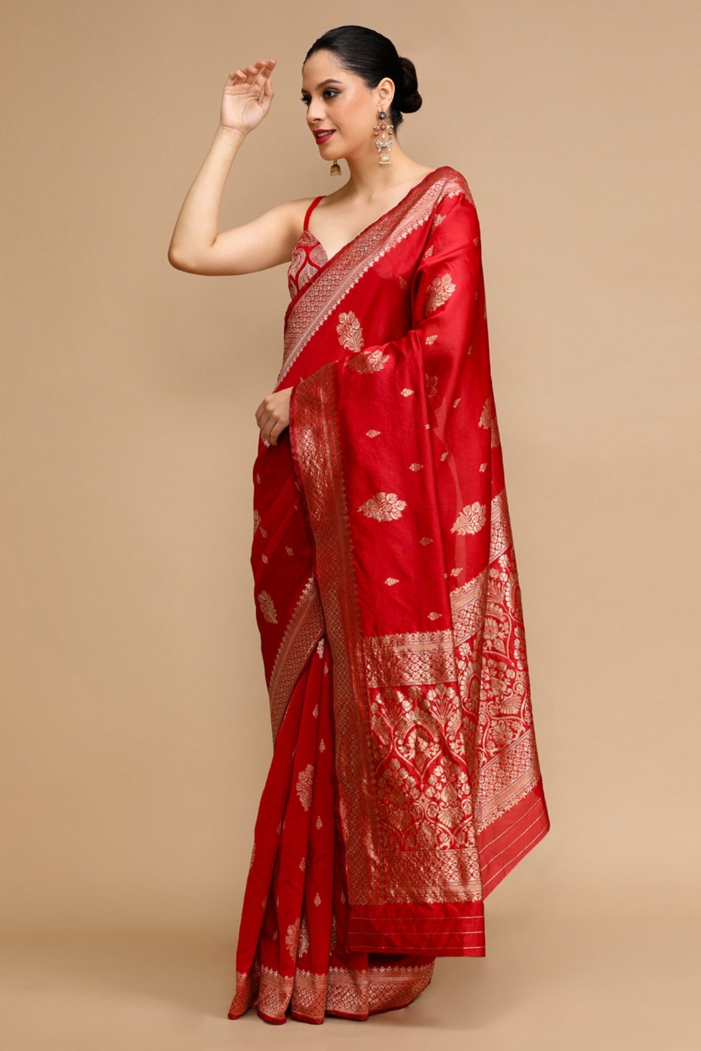 Buy MySilkLove Coral Red Woven Jacquard Lichi Silk Saree Online