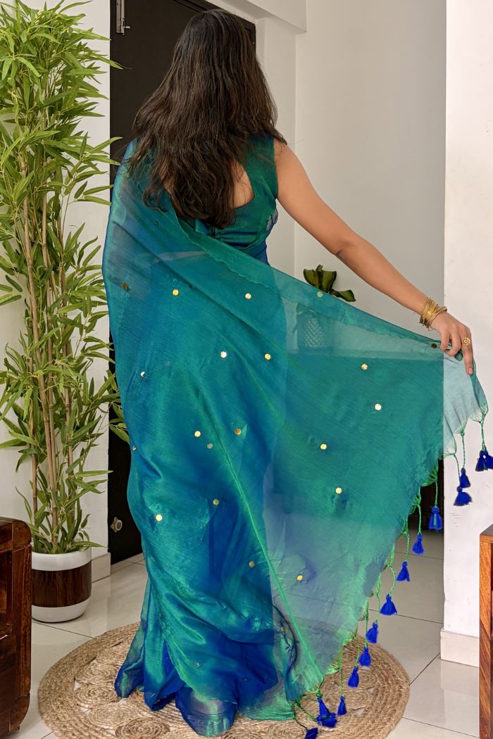Buy MySilkLove Egyptian Blue Tissue Woven Saree Online