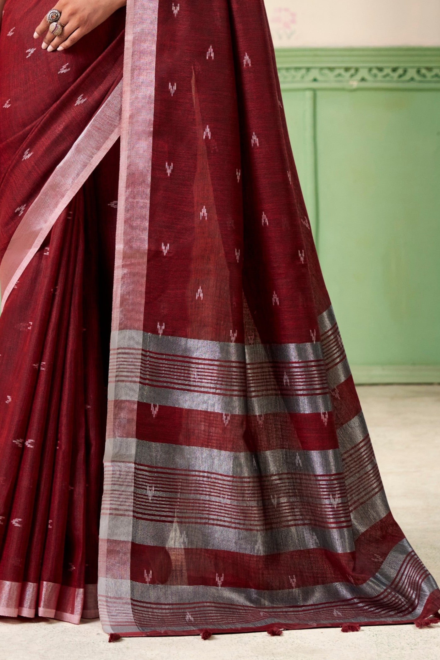 Buy MySilkLove Rosewood Maroon Woven Linen Saree Online