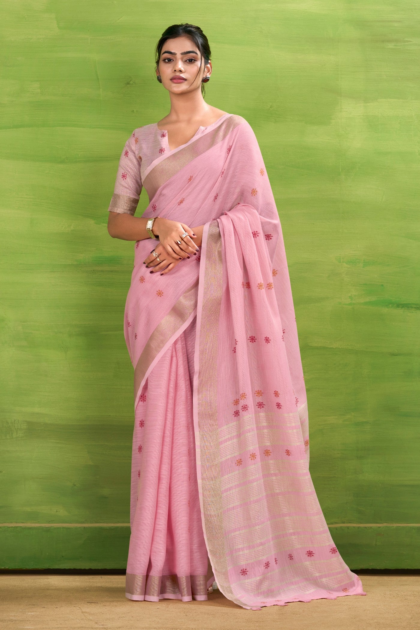Buy MySilkLove Rose Pink Woven Linen Saree Online