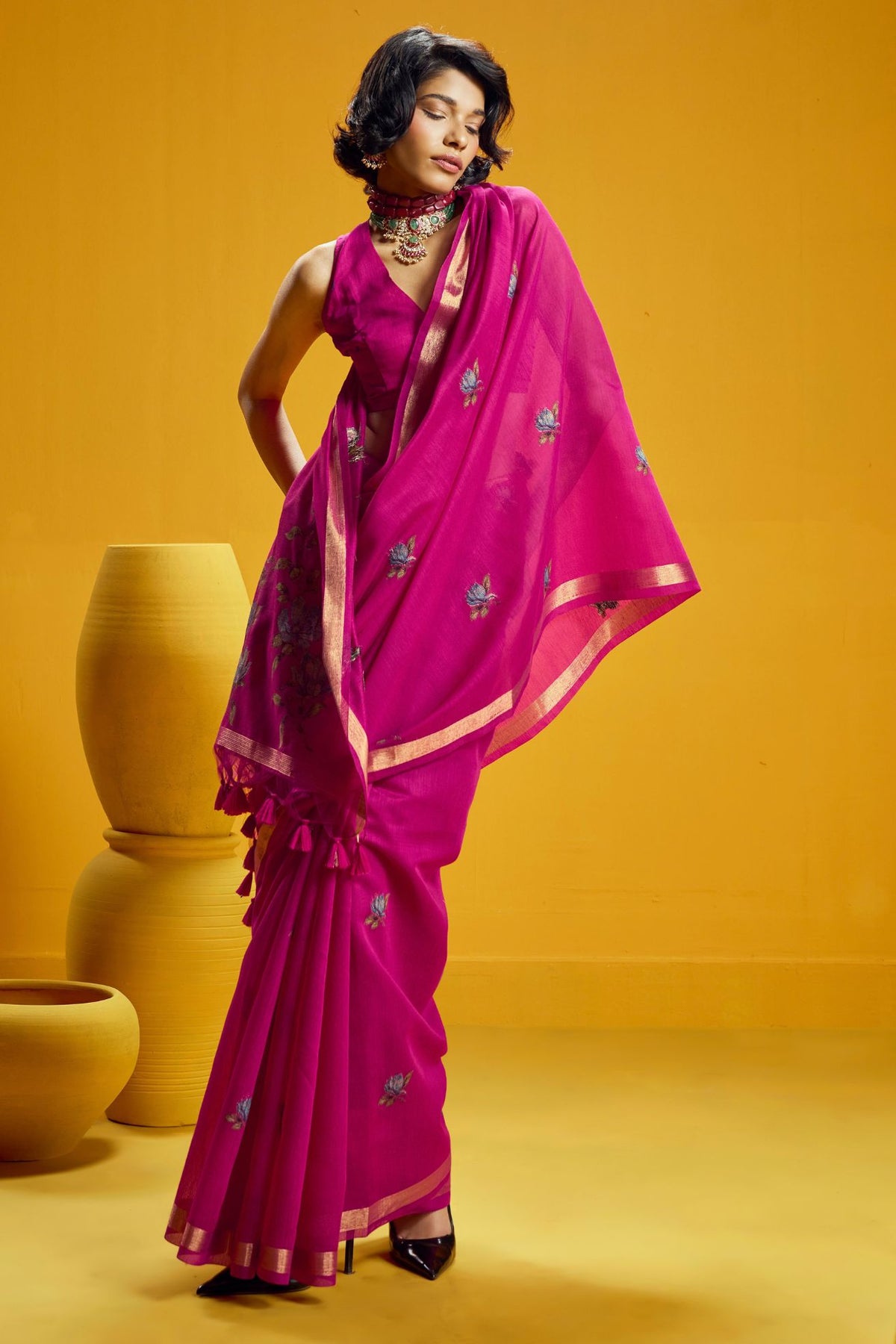 Buy MySilkLove Cupid Pink Handloom Muga Cotton Saree Online