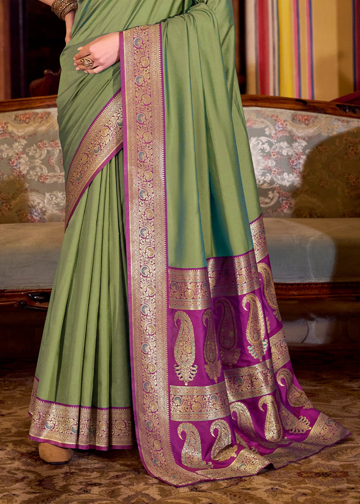 Buy MySilkLove Lime Green Woven Banarasi Soft Silk Saree Online