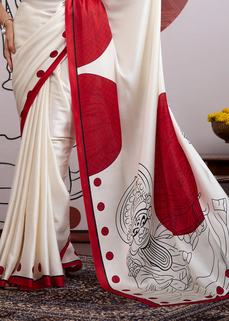 Buy MySilkLove Barn Red and White Printed Satin Crepe Silk Saree Online