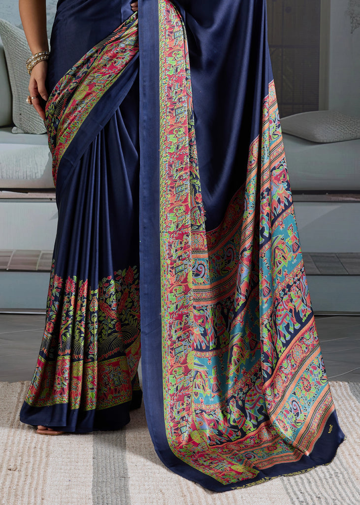 Buy MySilkLove Vivid Blue Printed Satin Crepe Silk Saree Online