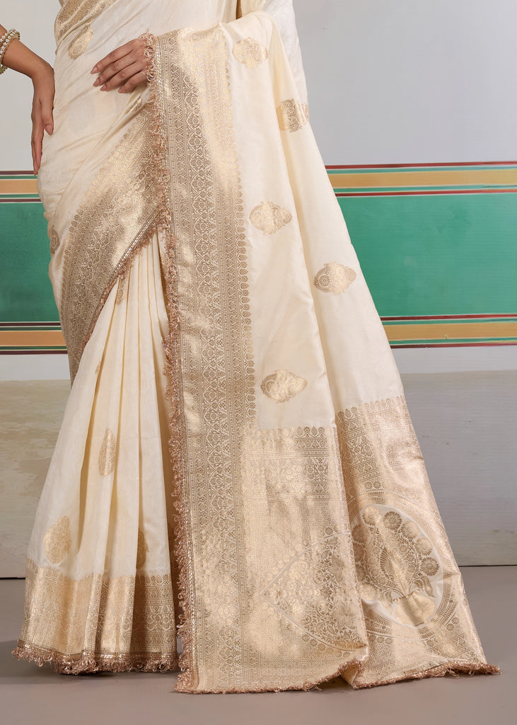 Buy MySilkLove Floral White Woven Banarasi Satin Silk Saree Online