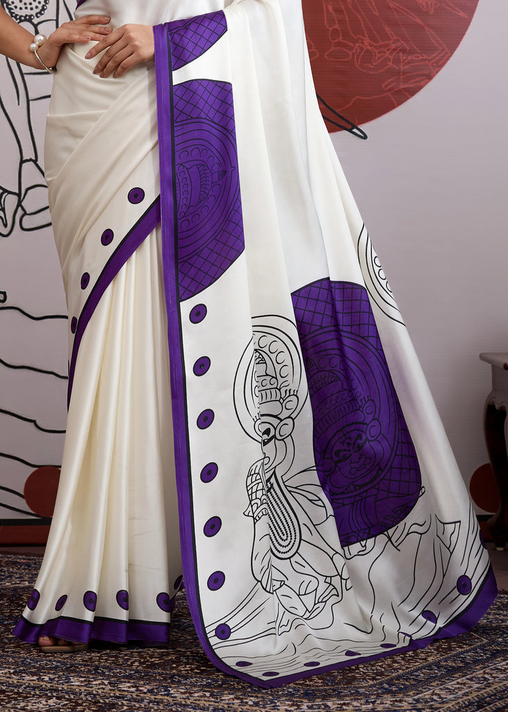 Buy MySilkLove Grape Purple and White Printed Satin Crepe Silk Saree Online