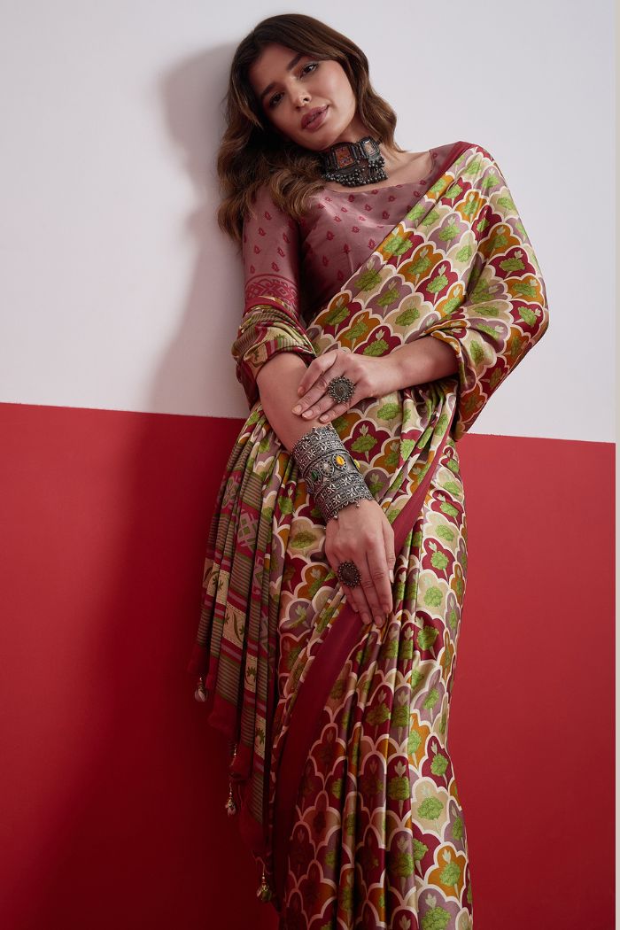 Buy MySilkLove Neutral Cream and Green Modal Satin Printed Silk Saree Online