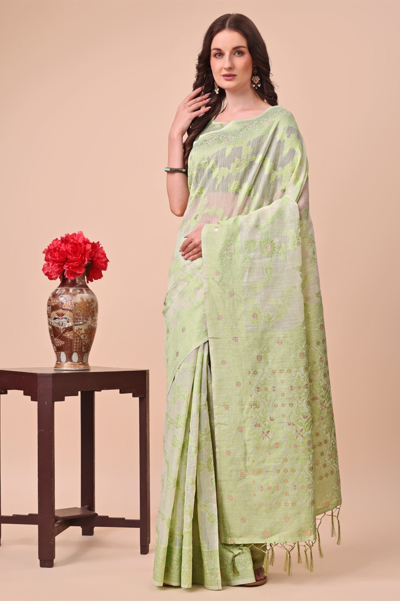 Buy MySilkLove Pista Green Woven Cotton Saree Online