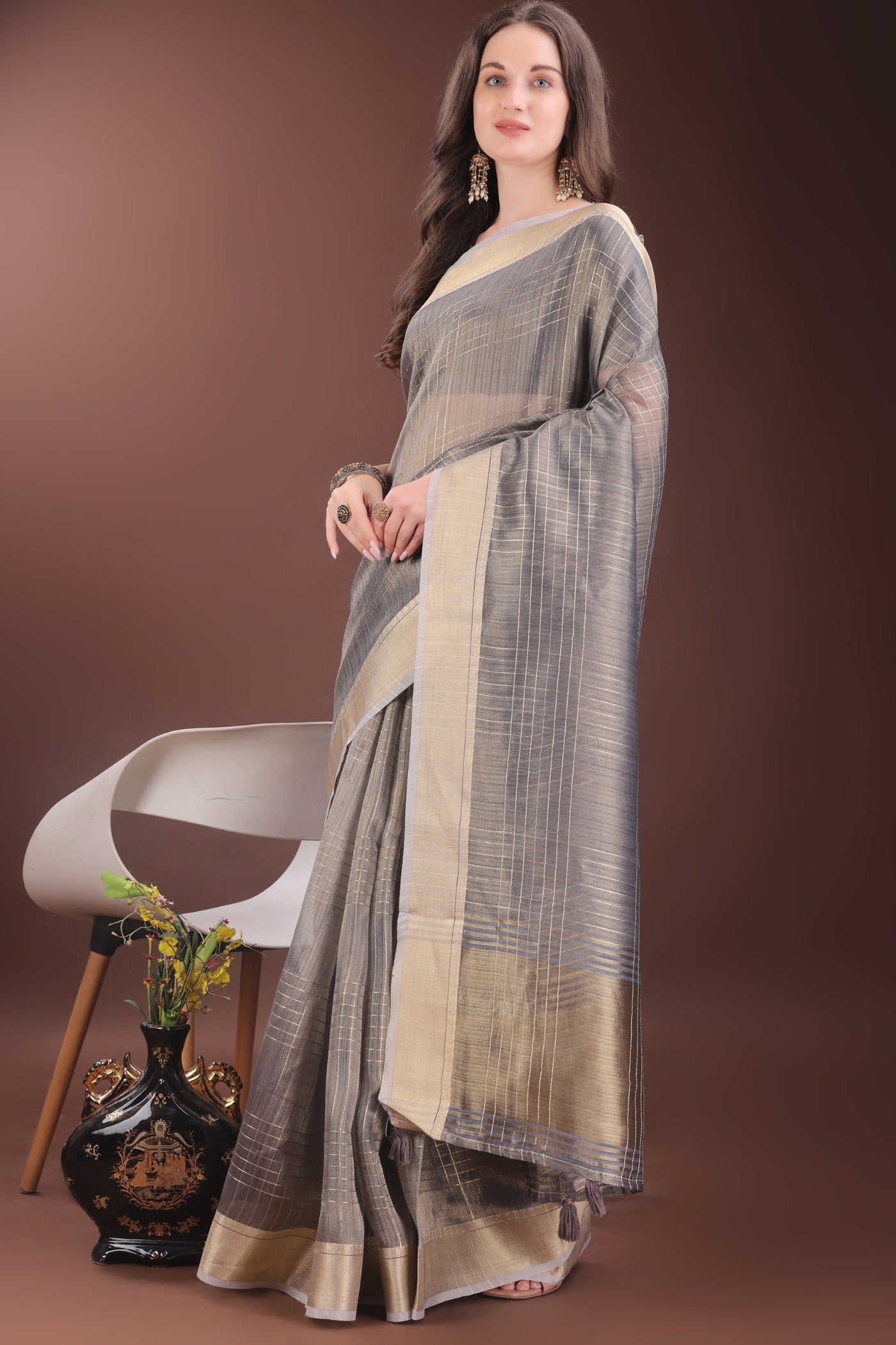 Buy MySilkLove Iron Grey Woven Organza Saree Online