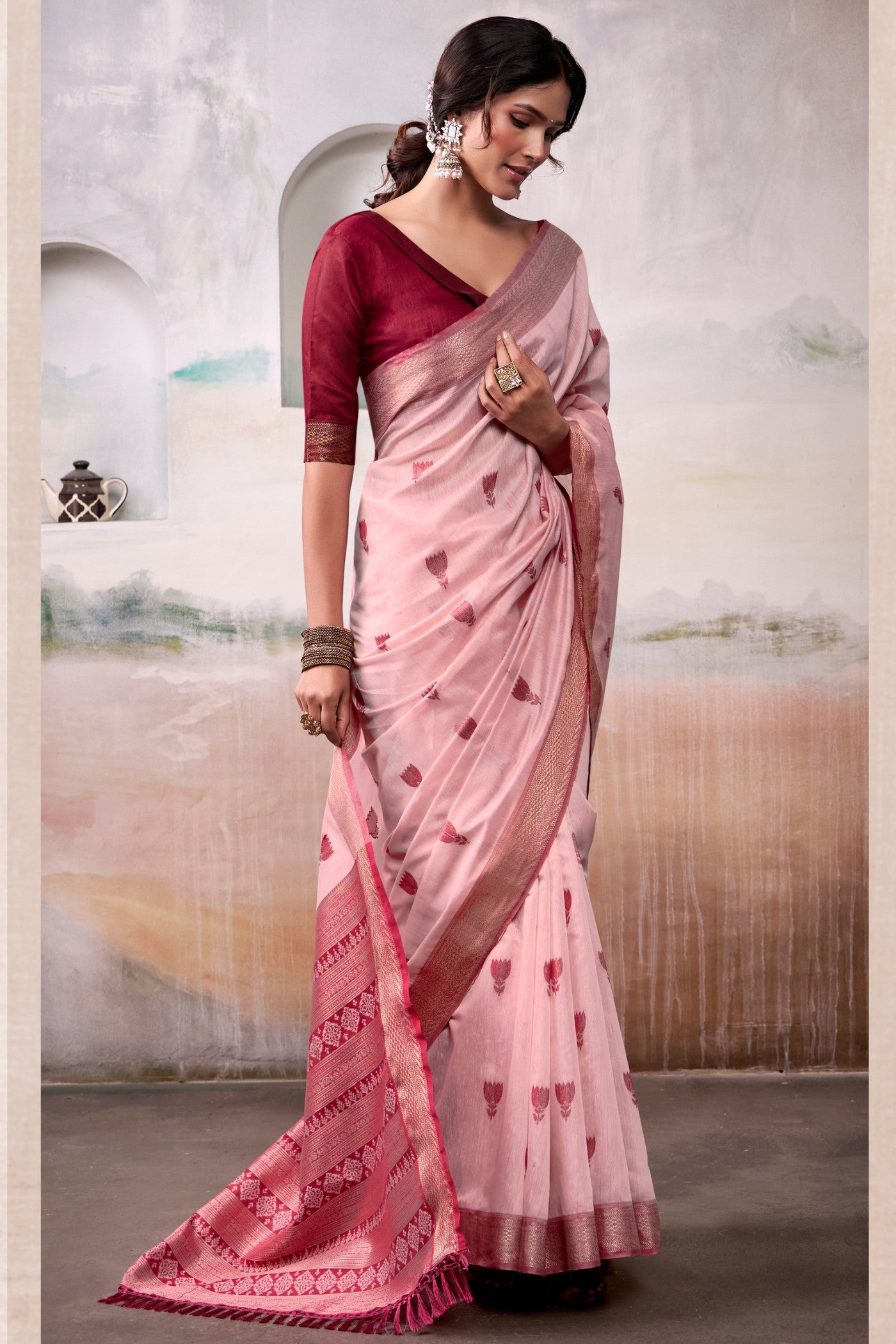 Buy MySilkLove Coral Pink Woven Modal Cotton Saree Online