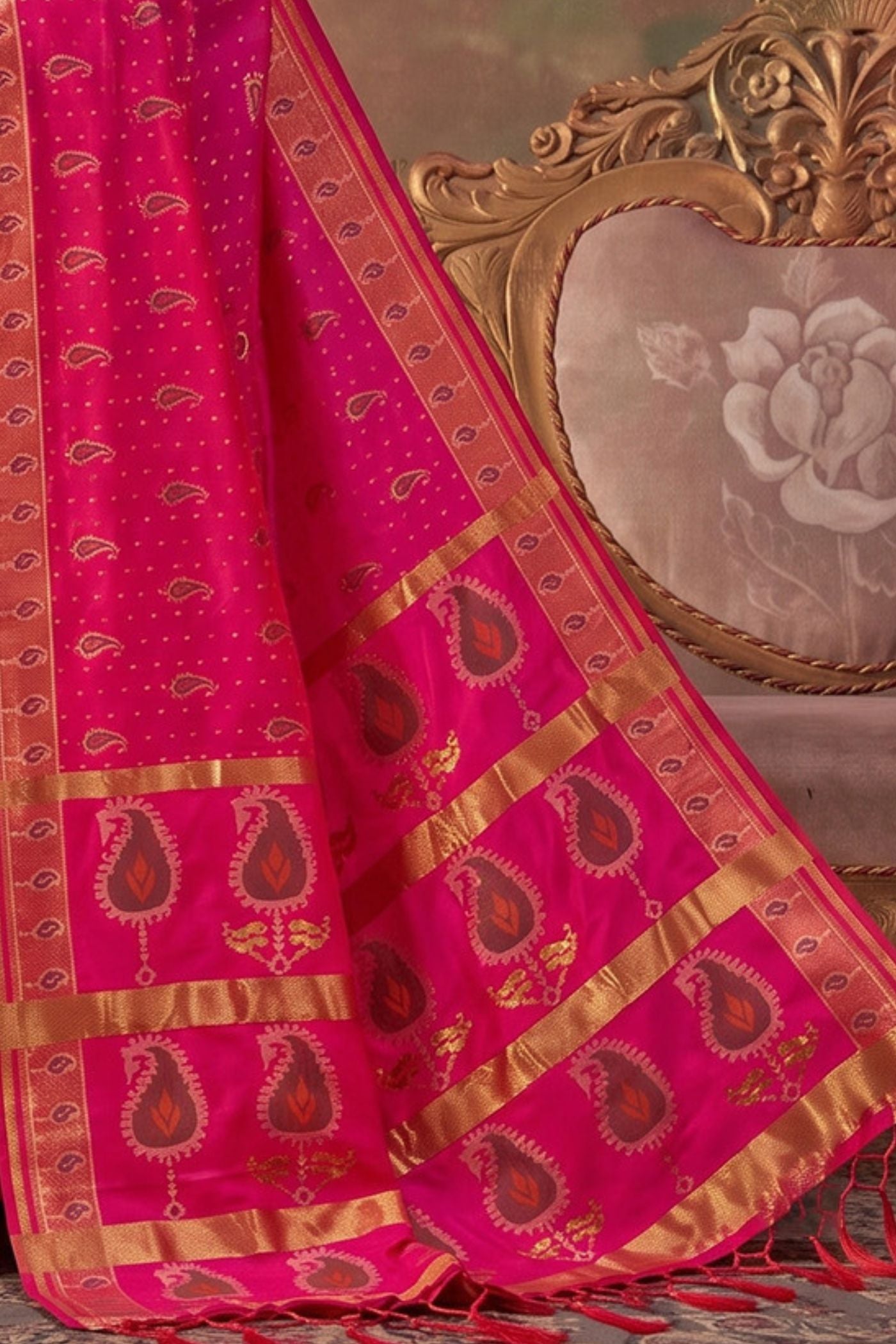 Buy MySilkLove Fuchsia Pink Woven Banarasi Soft Silk Saree Online