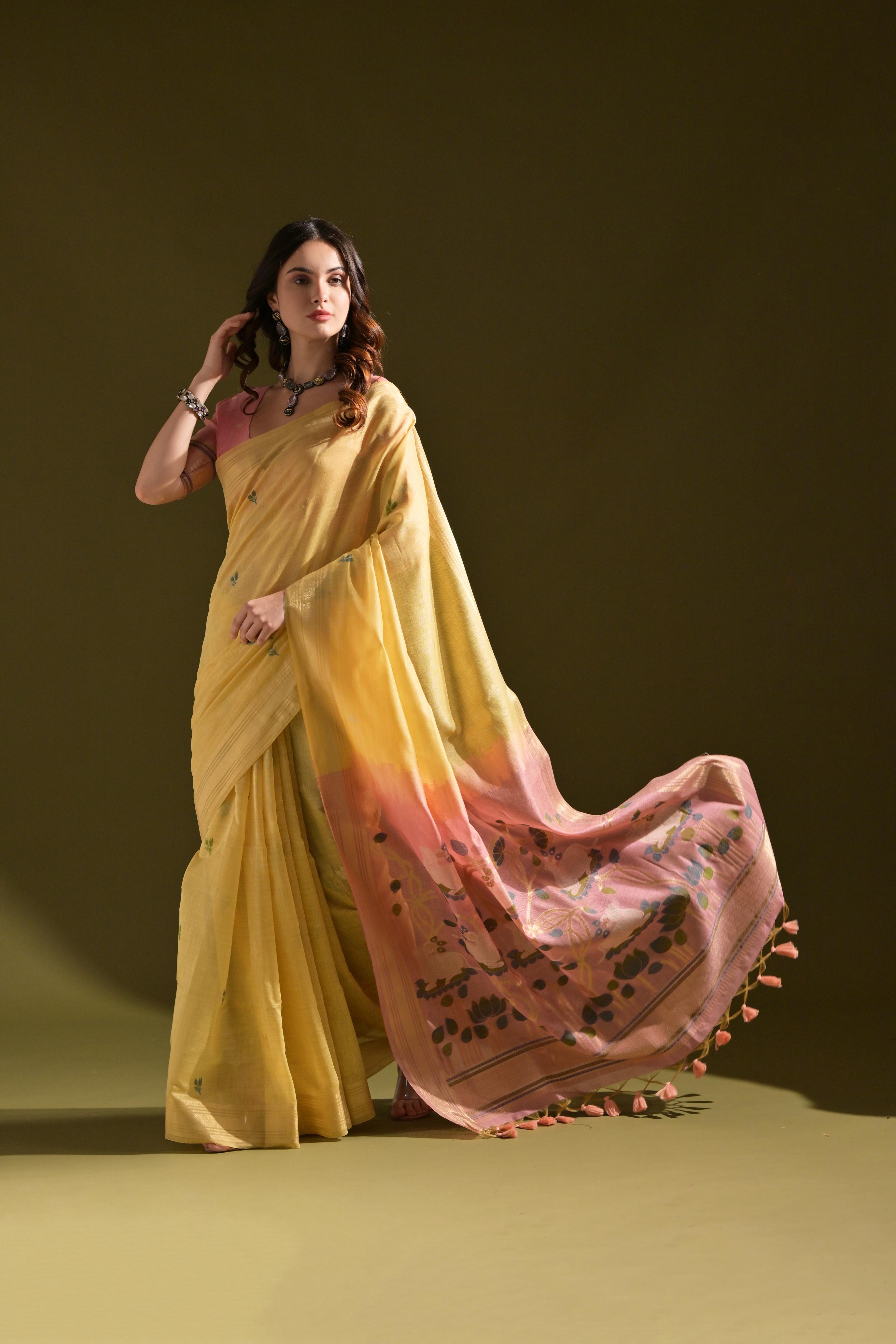 Buy MySilkLove Marigold Yellow Woven Muga Cotton Saree Online