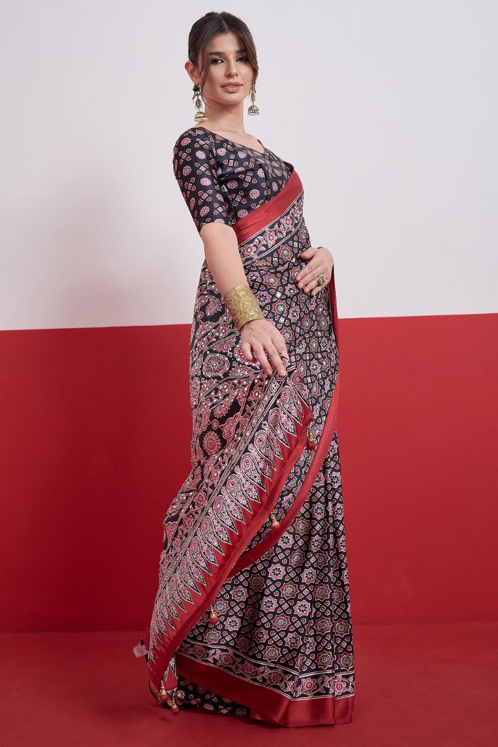 Buy MySilkLove Raven Black Modal Ajrakh Satin Printed Mirror Work Saree Online
