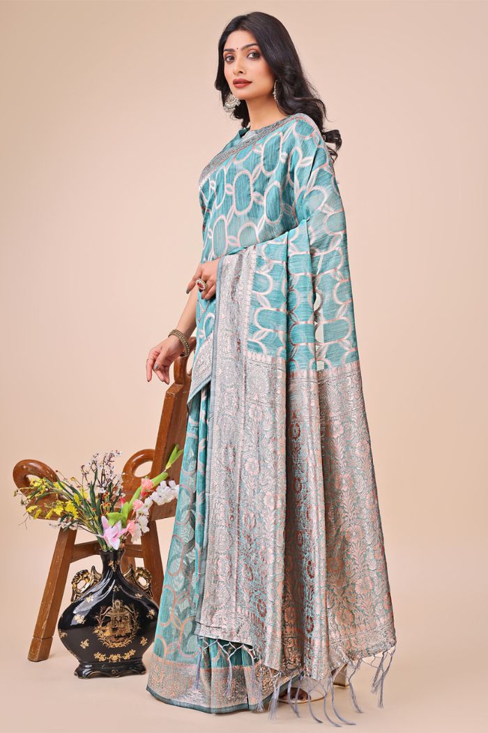 Buy MySilkLove Sky Blue Linen Cotton Saree Online