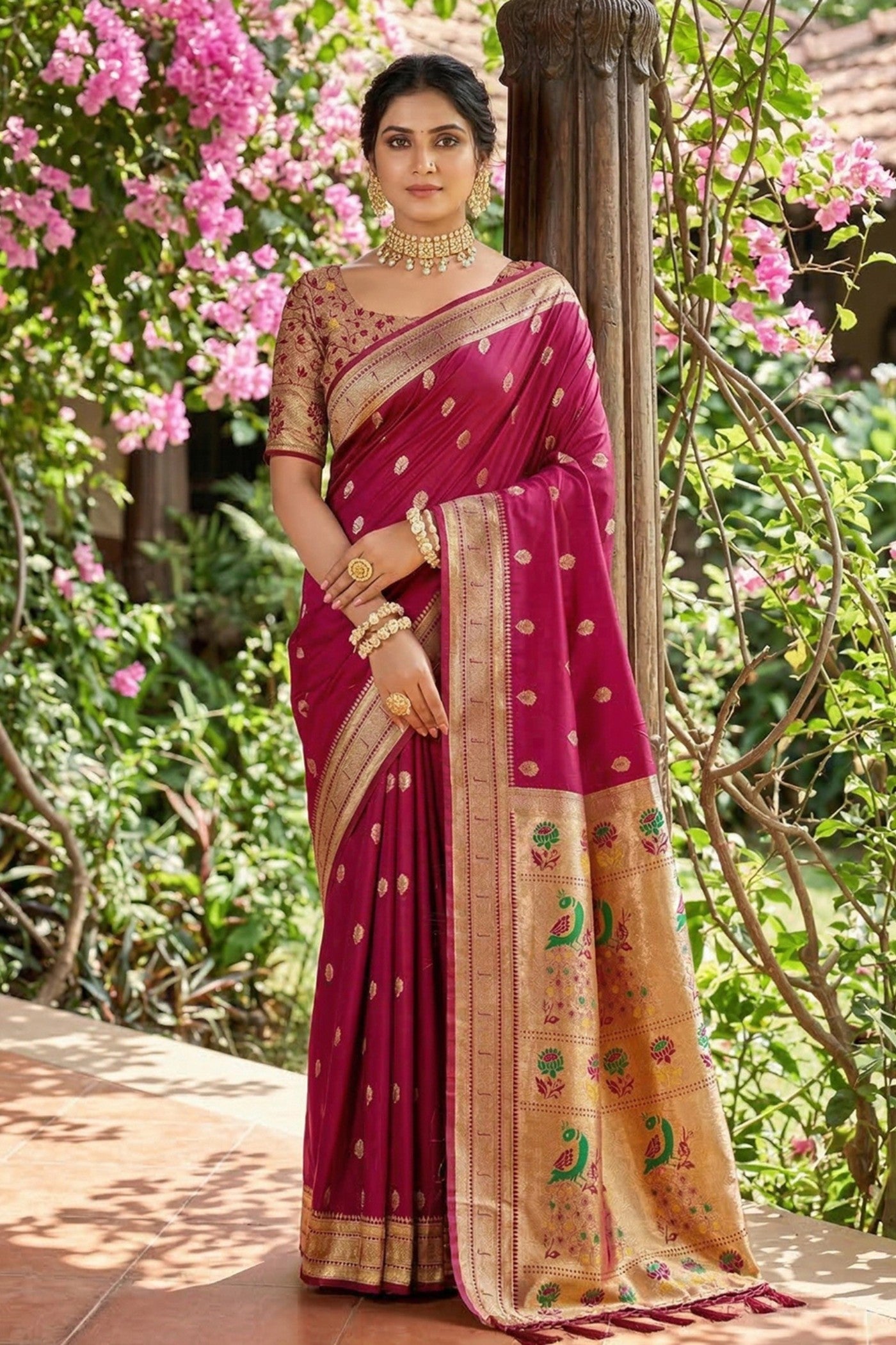 Buy MySilkLove Dark Rose Pink Zari Woven Paithani Saree Online