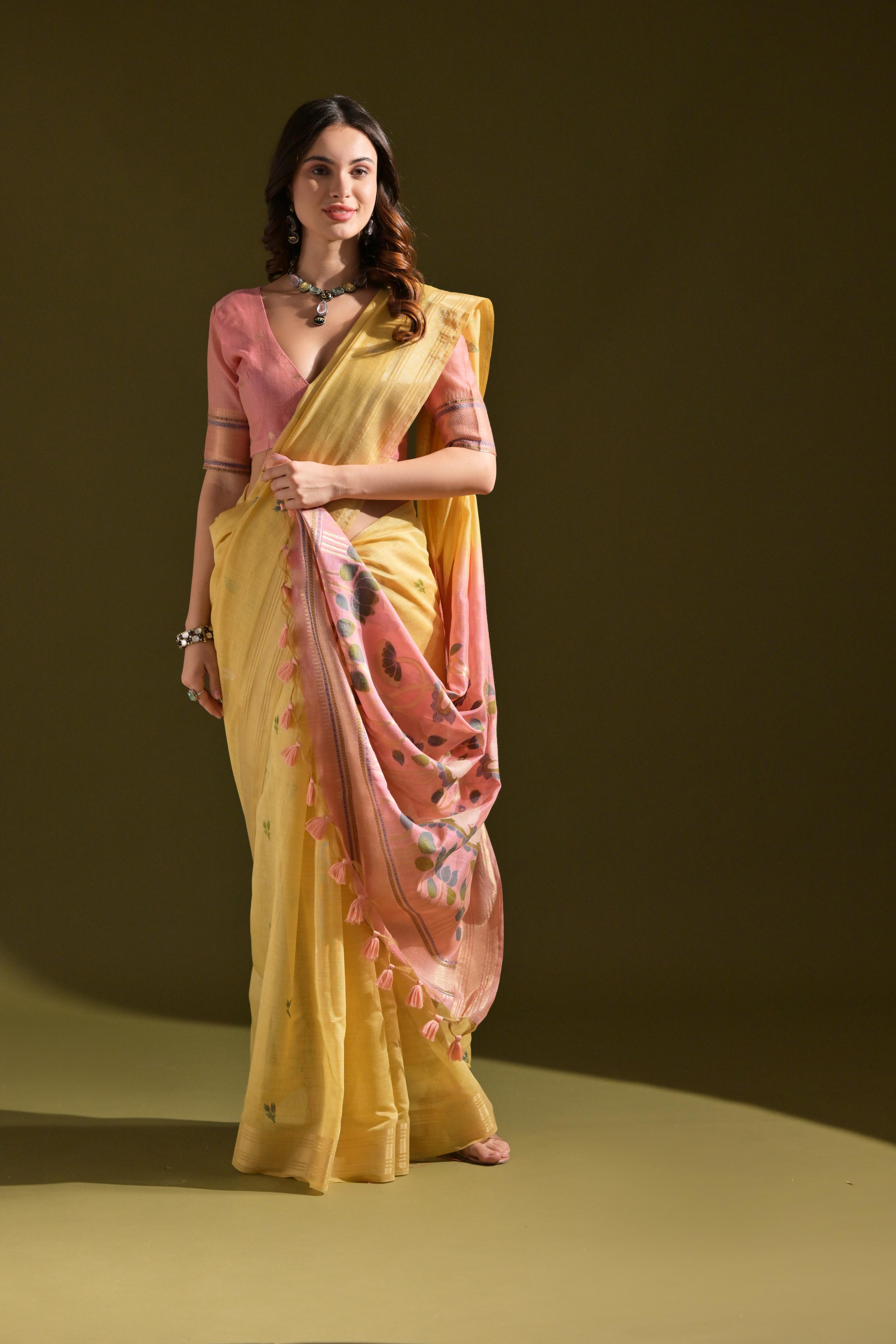 Buy MySilkLove Marigold Yellow Woven Muga Cotton Saree Online