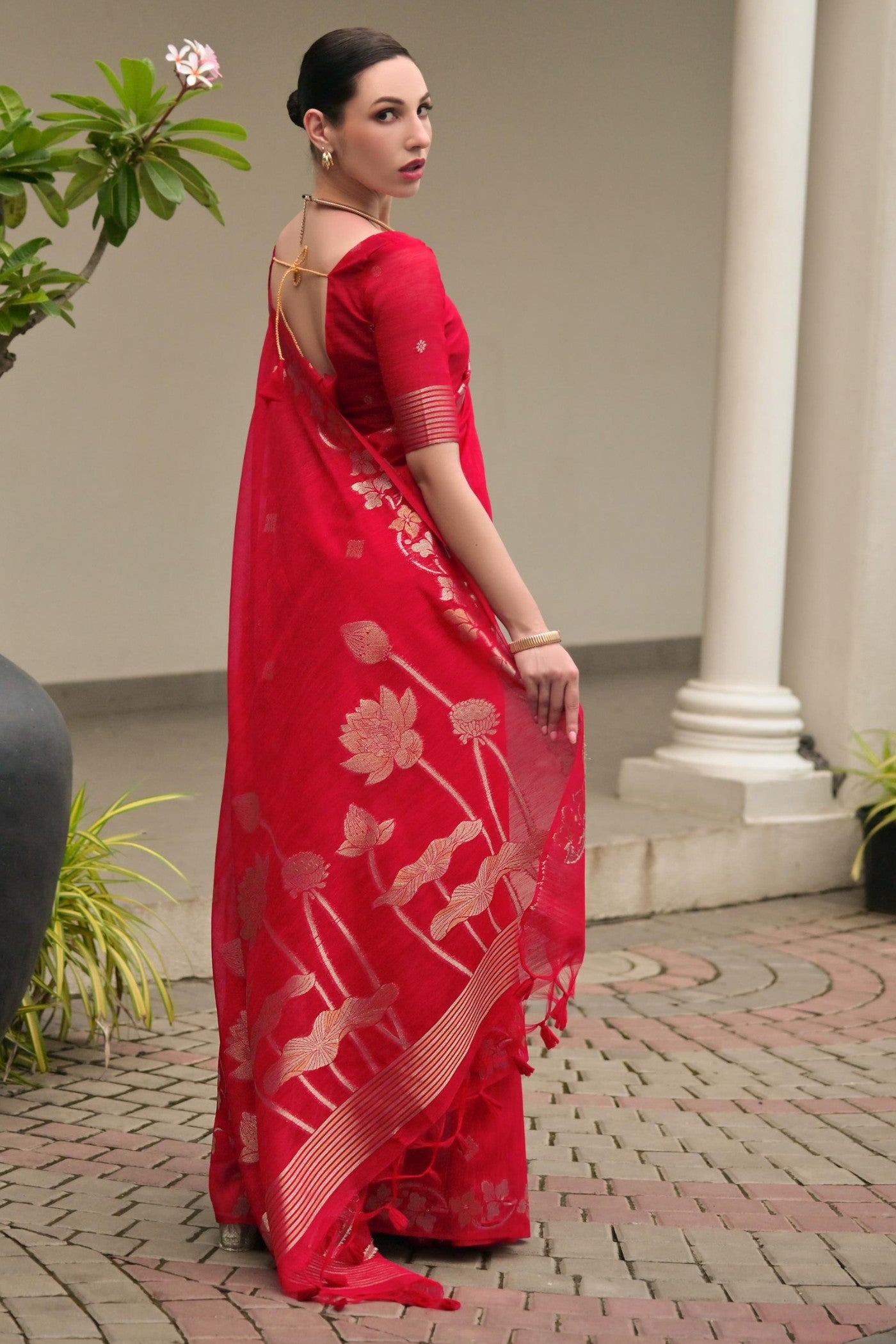 Buy MySilkLove Wine Red Floral Linen Silk Saree Online