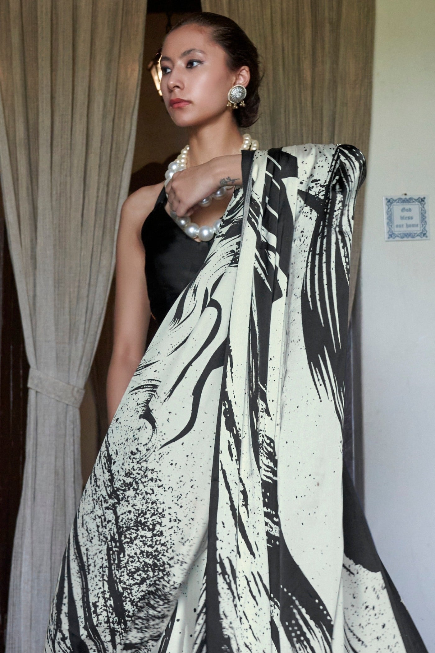 Buy MySilkLove Black Raisins and White Printed Satin Crepe Silk Saree Online