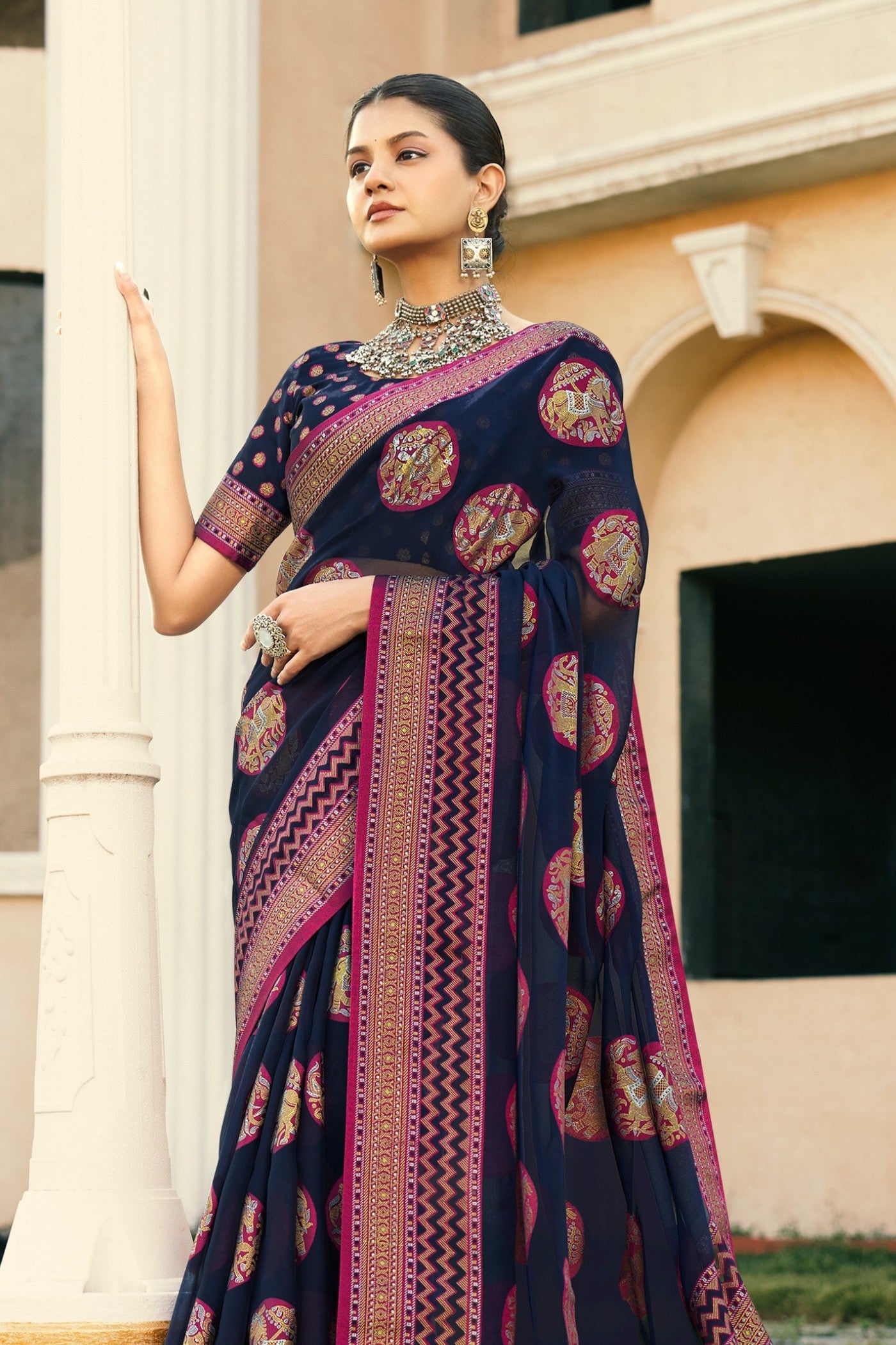 Buy MySilkLove Gunmetal Blue Banarasi Georgette Saree Online