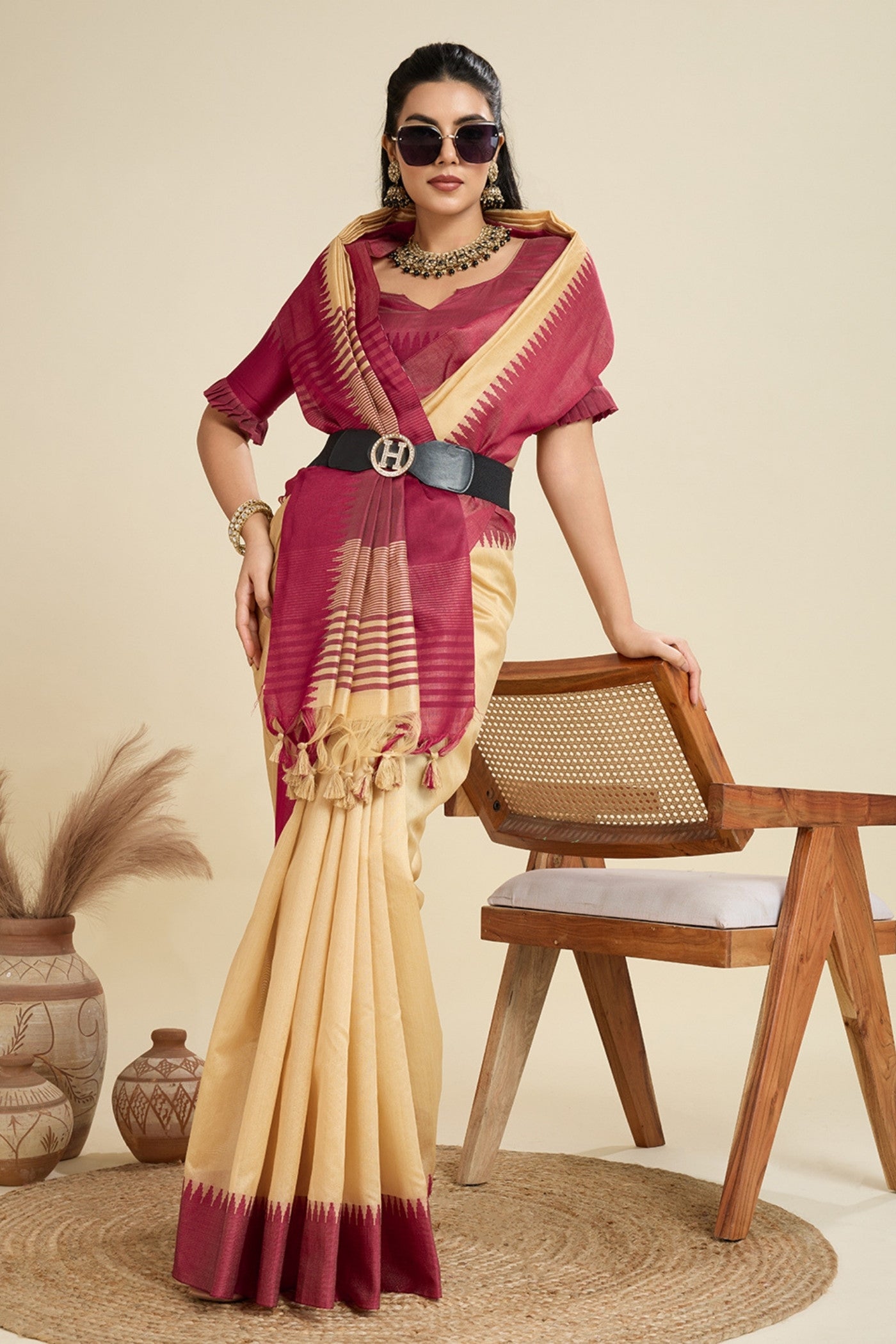Buy MySilkLove Vanilla Cream Woven Raw Silk Saree Online