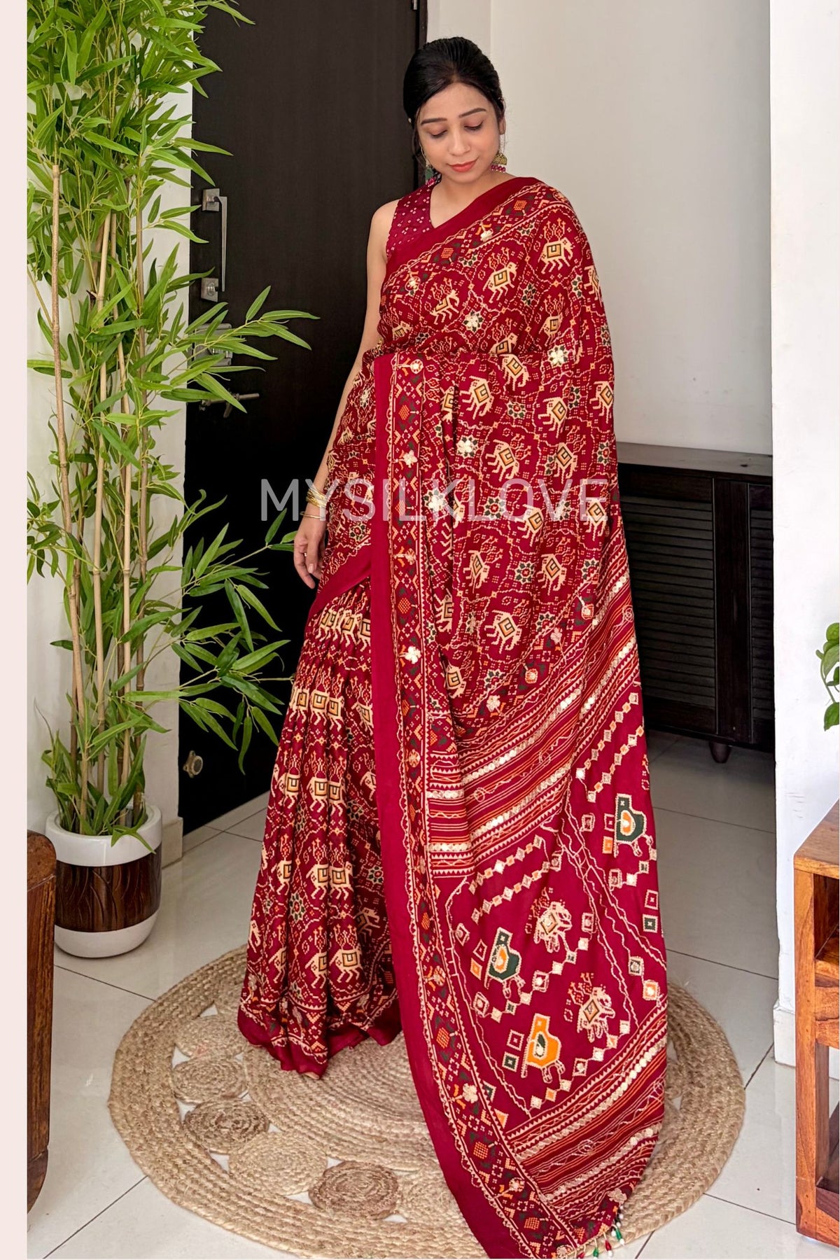 Buy MySilkLove Scarlet Red Patola Embroidery Small Mirror Work Handloom Saree Online