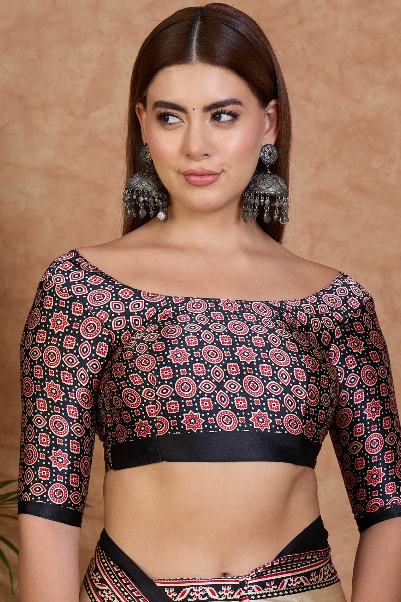 Buy MySilkLove Bavarain Cream Ajrakh Printed Satin Crepe Silk Saree Online